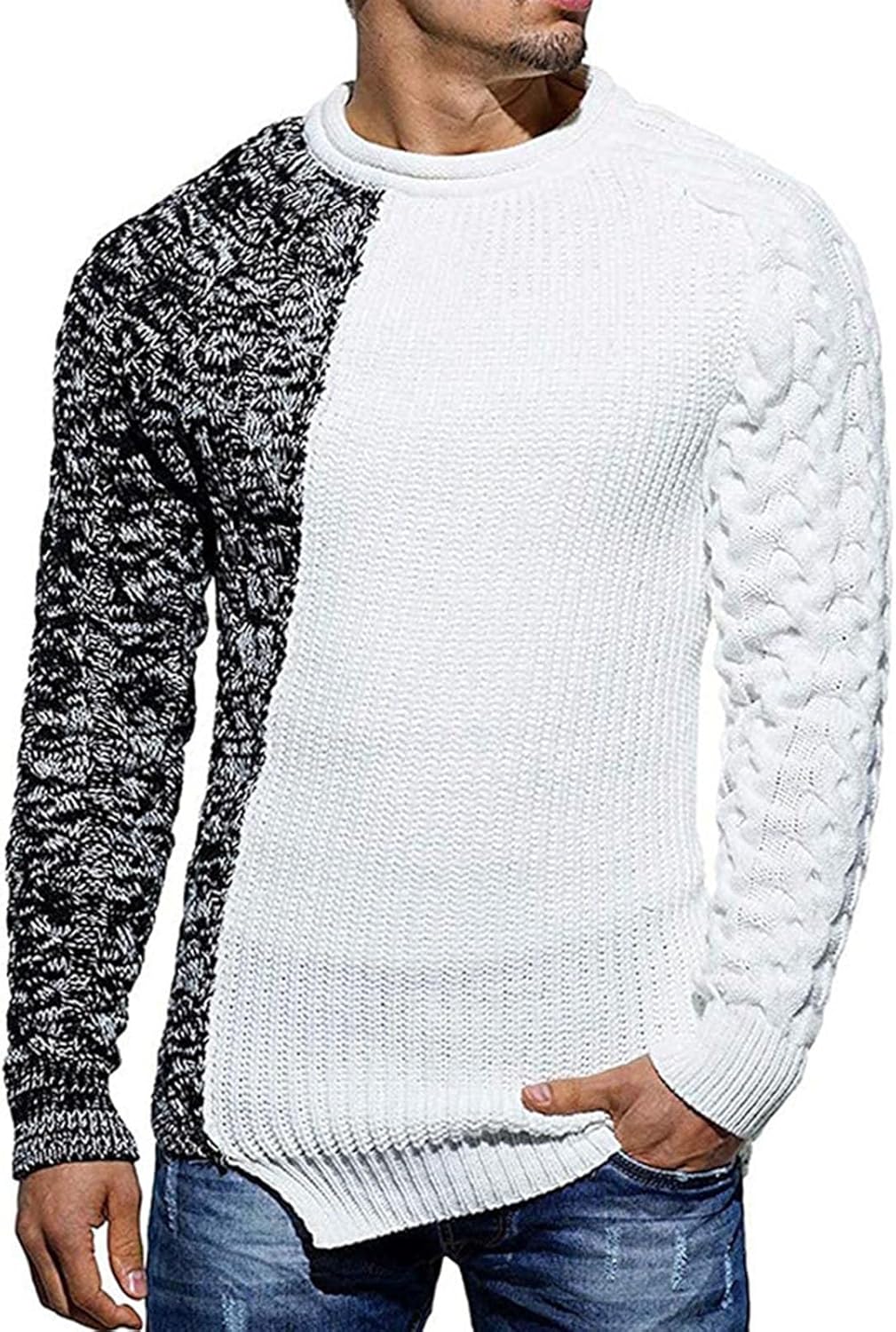 Ymosrh Men's Knit Sweater Long Sleeve Color Block Slim Fit Ribbed Pullover Casual Sweater, M-3XL