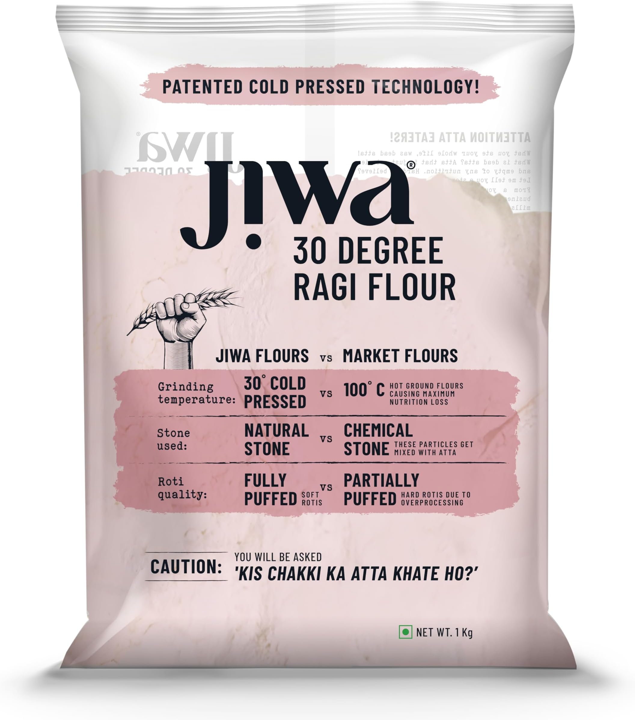 Jiwa 30 Degree Ragi Flour / Atta | 1 Kg | Patented Cold Pressed Flour | Slow Ground | Puffed Soft Rotis | Finger Millet Flour | Nachni Atta | Gluten Free