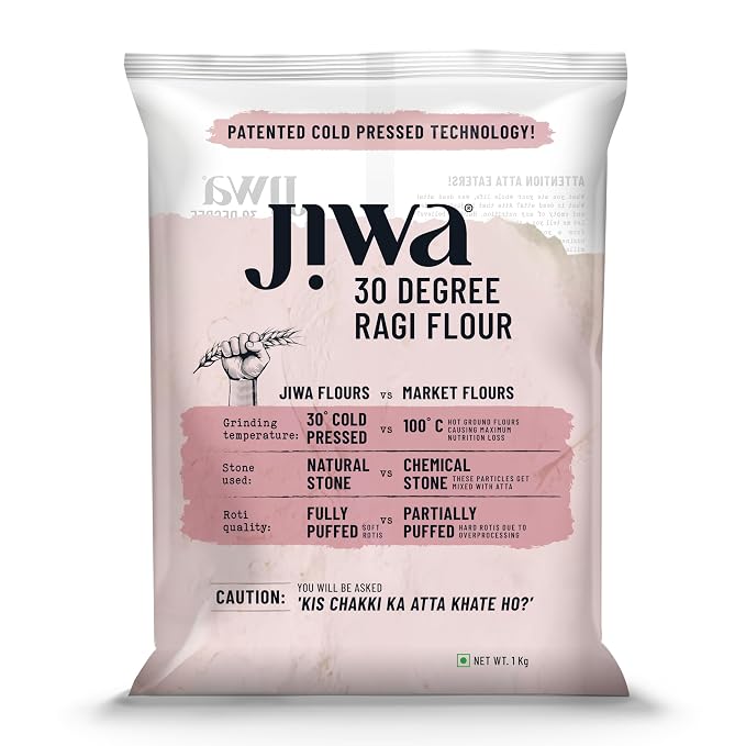 Jiwa 30 Degree Ragi Flour / Atta | 1 Kg | Patented Cold Pressed Flour | Slow Ground | Puffed Soft Rotis | Finger Millet Flour | Nachni Atta | Gluten Free