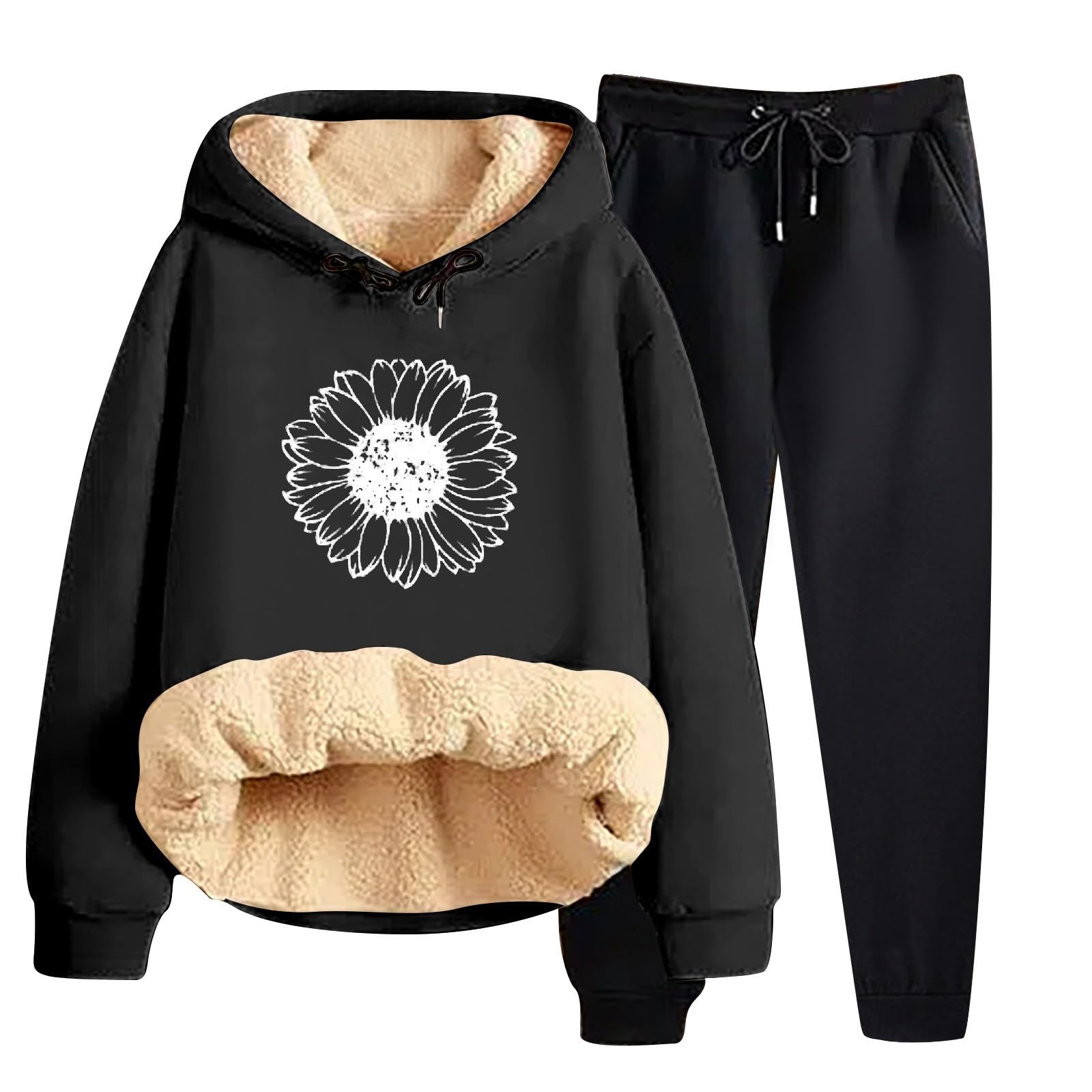 Cardigan invernale da donna, spesso, caldo, tinta unita, con cappuccio, giacca, pantaloni, due pezzi