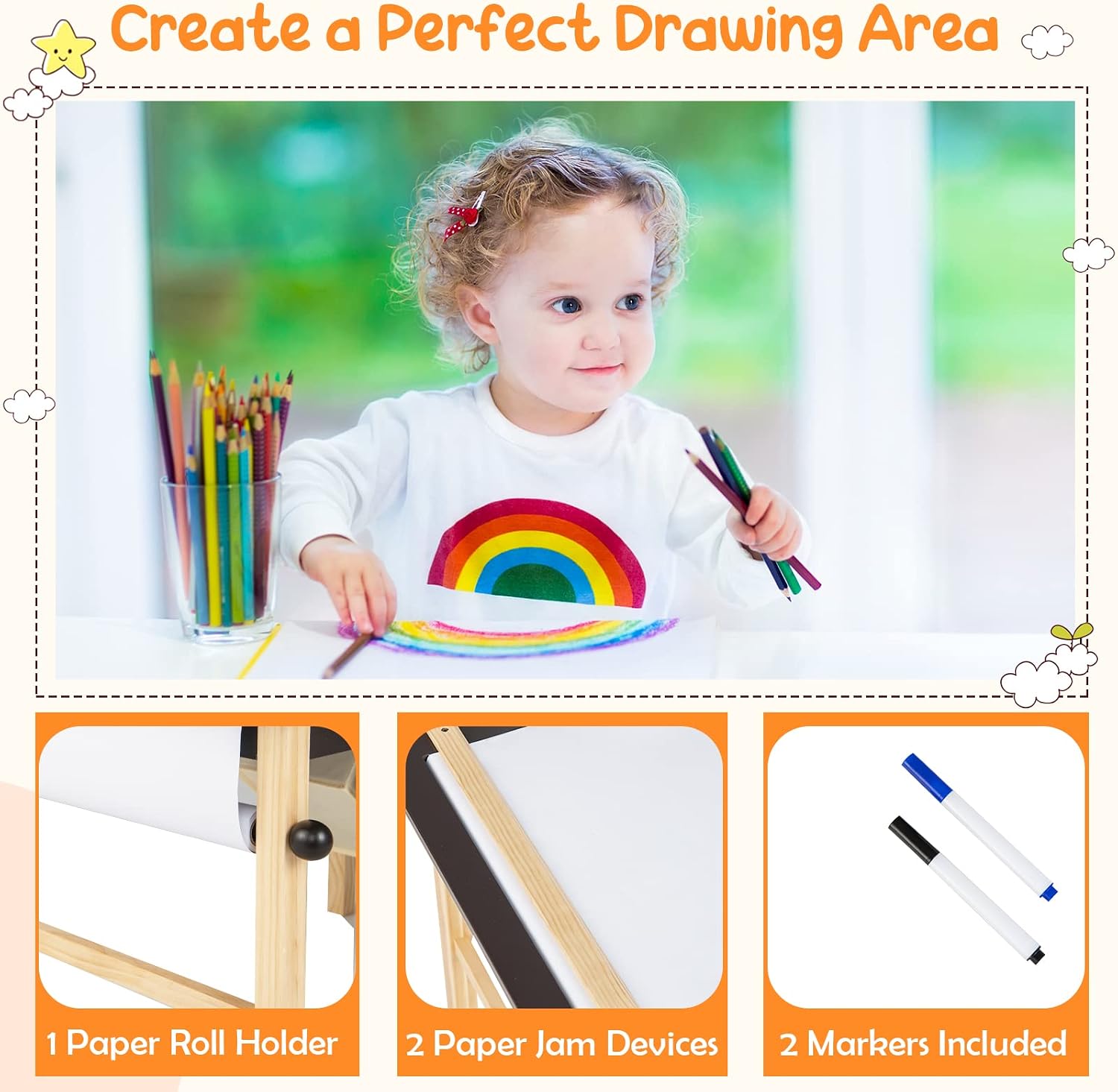 HONEY JOY Kids Art Table and Chair Set, Wooden Drawing Desk and 2 Stools w/Paper Roll, Open Shelf, Toddler Activity & Crafts Table w/Storage Bins, Children Furniture Set for Boys Girls Ages 3+