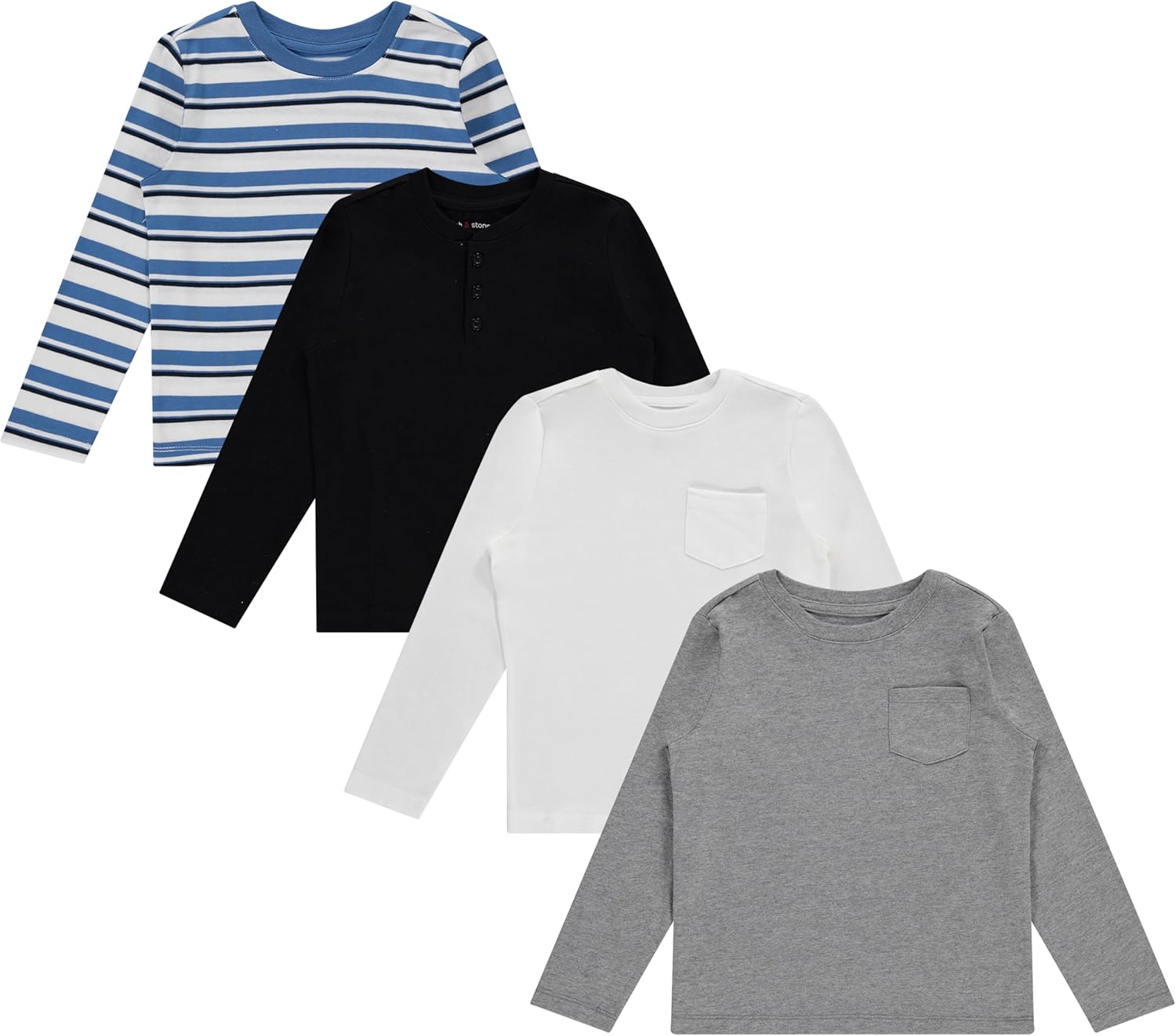 STITCH & STONE Boys 4 Pack Long Sleeve Tops, Soft Cotton Crewneck Tees, Casual Boys Clothing, Comfortable Everyday Wear