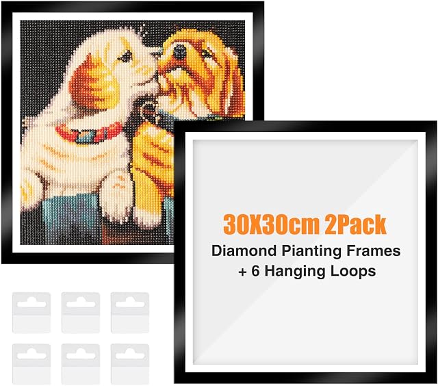 RICUVED 2Pack Diamond Painting Frames, Frames for 30x30cm Diamond Painting Canvas, Magnetic Diamond Art Frame Self-Adhesive, Diamond Painting Frames with Hooks, Frames for Wall Window Door (Black)