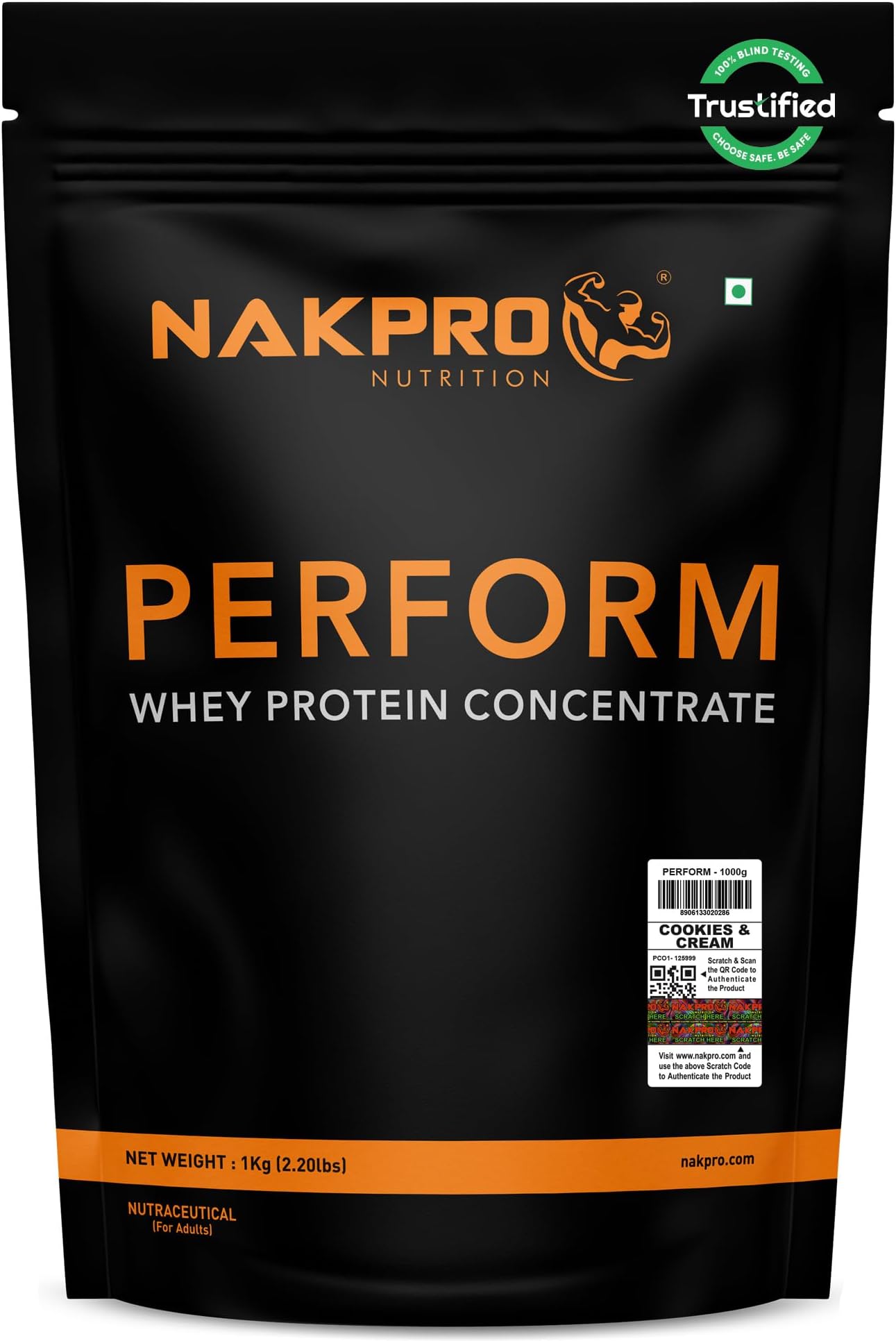 NAKPRO NUTRITION Perform Whey Protein Concentrate | 1kg Cookies&Cream | 24g Protein, Trustified Certified