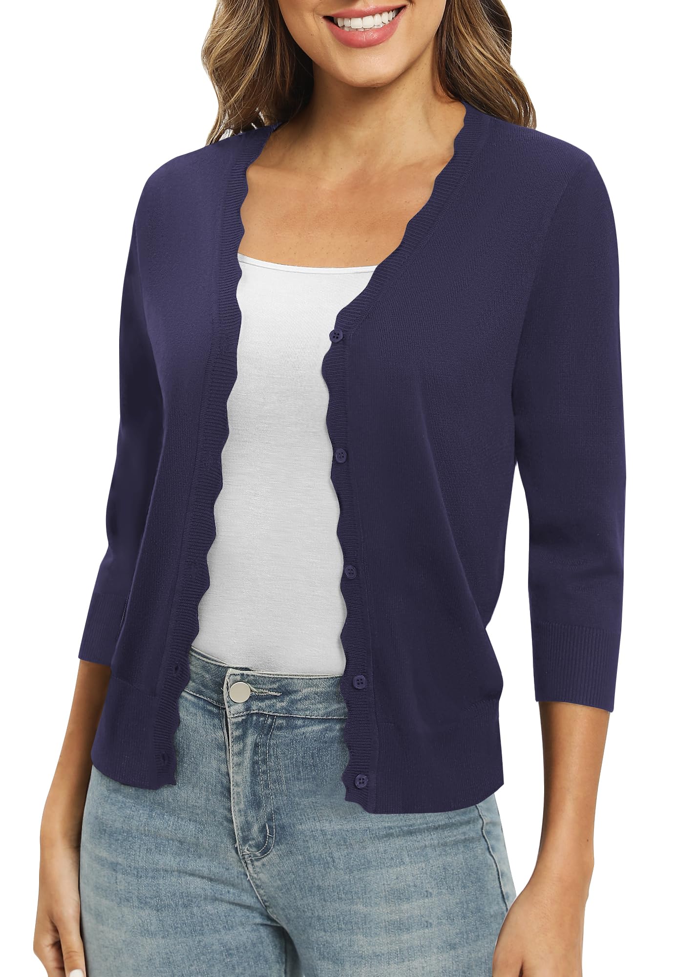 EXCHIC Femmes Daily 3/4 Manches Bouton Down Pulls Col en V Couleur Unie élastique Léger Mince Tricot Cardigan