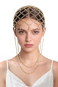 BABEYOND 1920s Vintage Crystal Beaded Headpiece, Decorative Hair Jewelry with Tassels & Crystals for CostumesGold