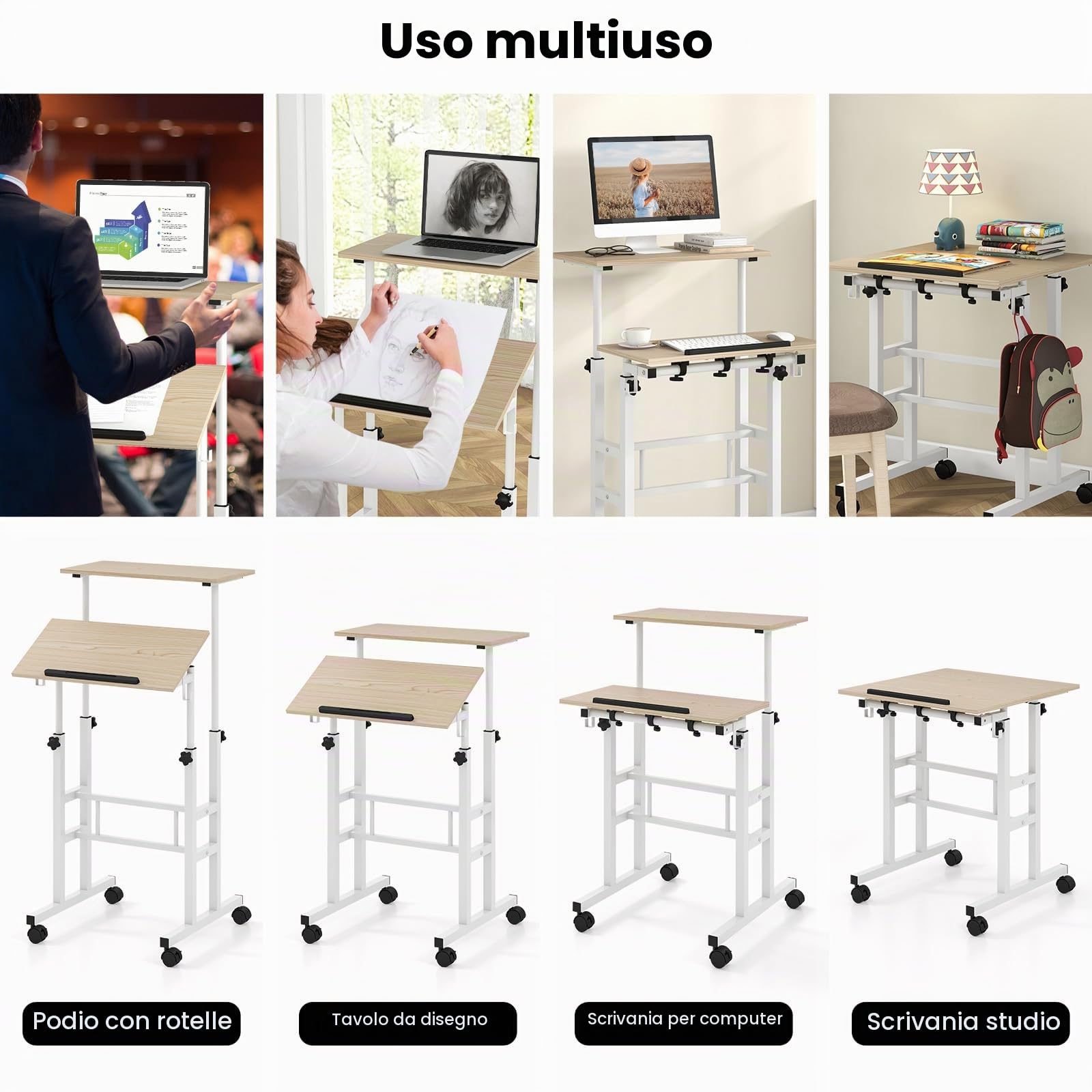 LIFEZEAL Scrivania Sit-Stand con Ruote, Scrivania Mobile per Computer con Ripiani, Tavolo da Studio con Struttura in Acciaio Regolabile in Altezza, per Ufficio, Camera da Letto e Soggiorno (naturale)