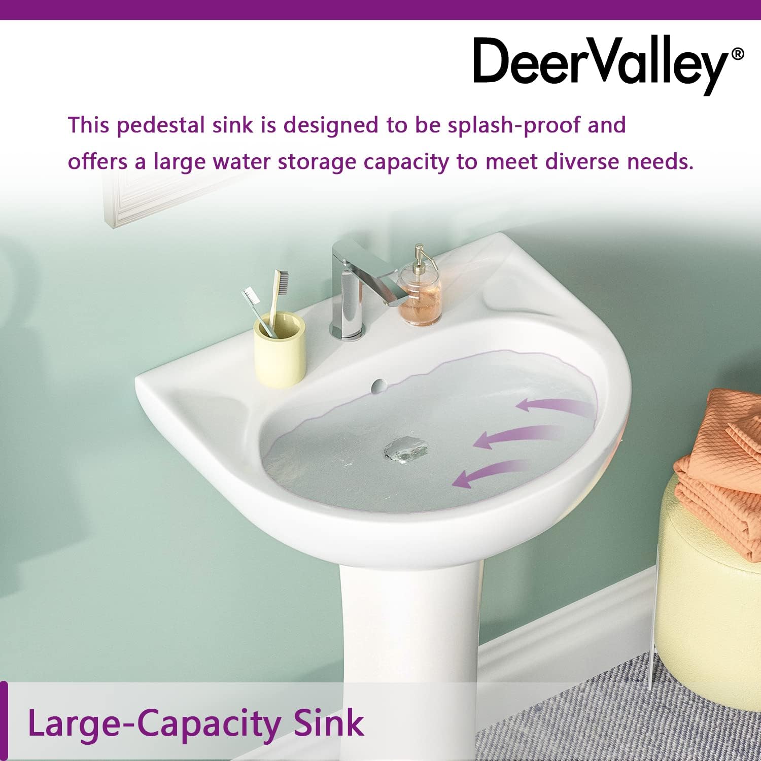 DeerValley Ally 20x16.54 Inch U-Shape White Ceramic Pedestal Sink with Overflow, Modern Bathroom Pedestal Sink, DV-1P525