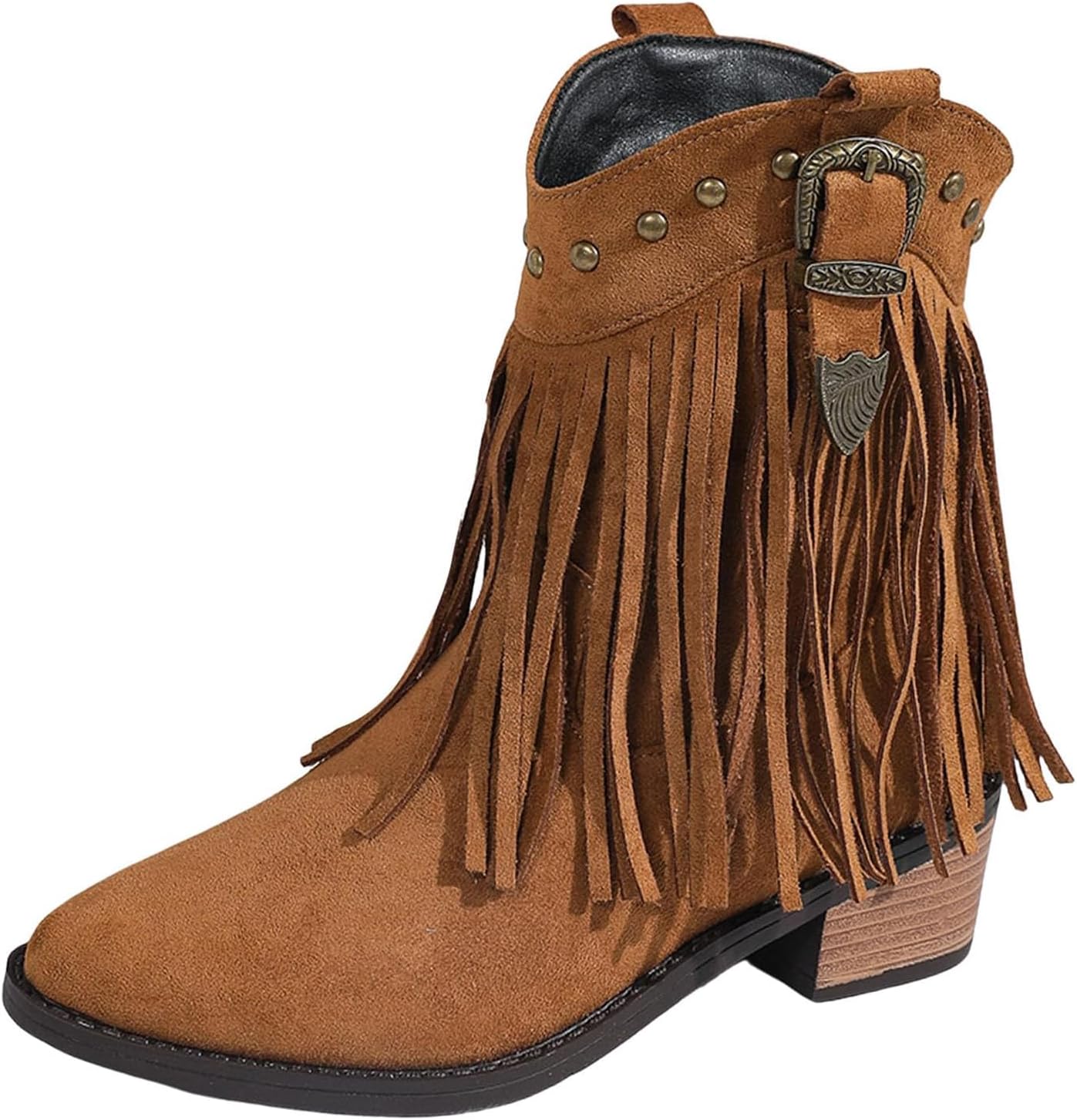 Fringe Suede Ankle Western Boots For Women Fashion Studded Round Toe Buckle Block Heel Tassel Short Cowboy Boots For Western Country Music Prom Dress