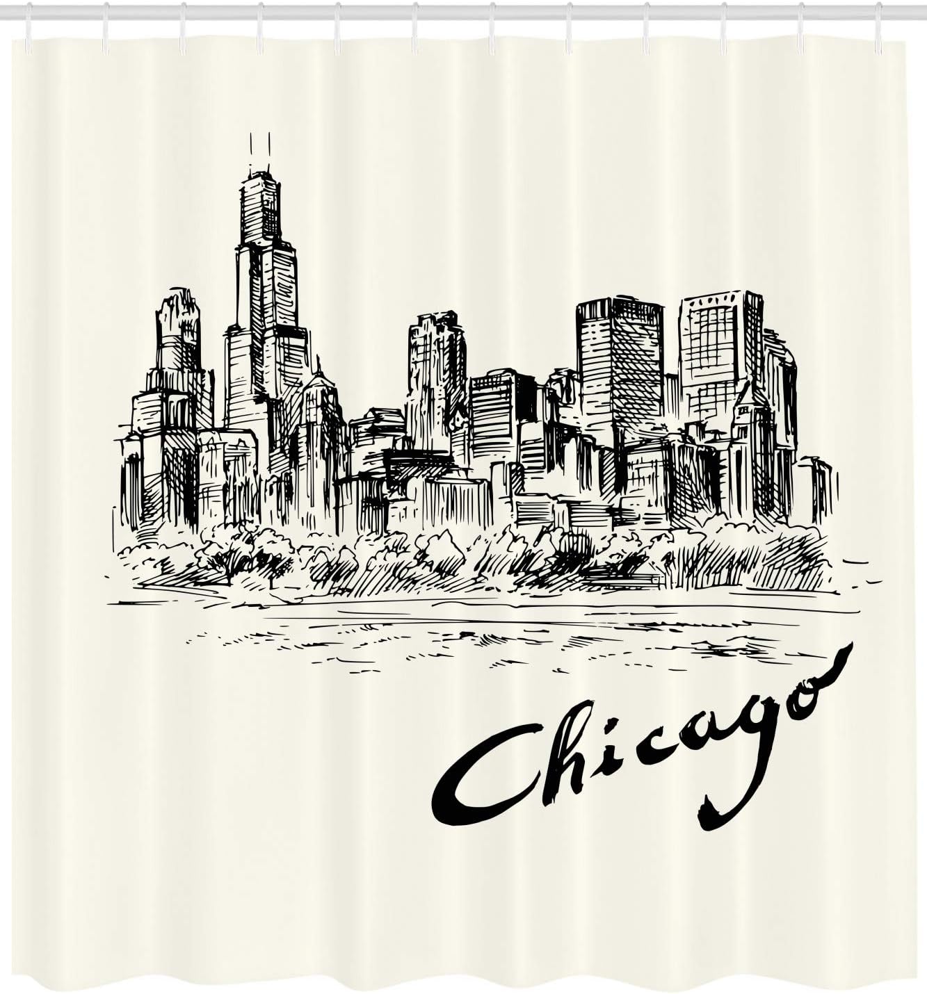Ambesonne Chicago Skyline Shower Curtain, Vintage Art of American City in Hand Drawn Style Sketchy Effects, Cloth Fabric Bathroom Decor Set with Hooks, 69" W x 75" L, Black and Cream
