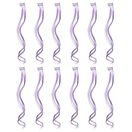 SWACC 12 Pcs Curly Wavy One Color Party Highlights Clip on in Hair Extensions Colored Hair Streak Synthetic Hairpieces (Lilac Purple)