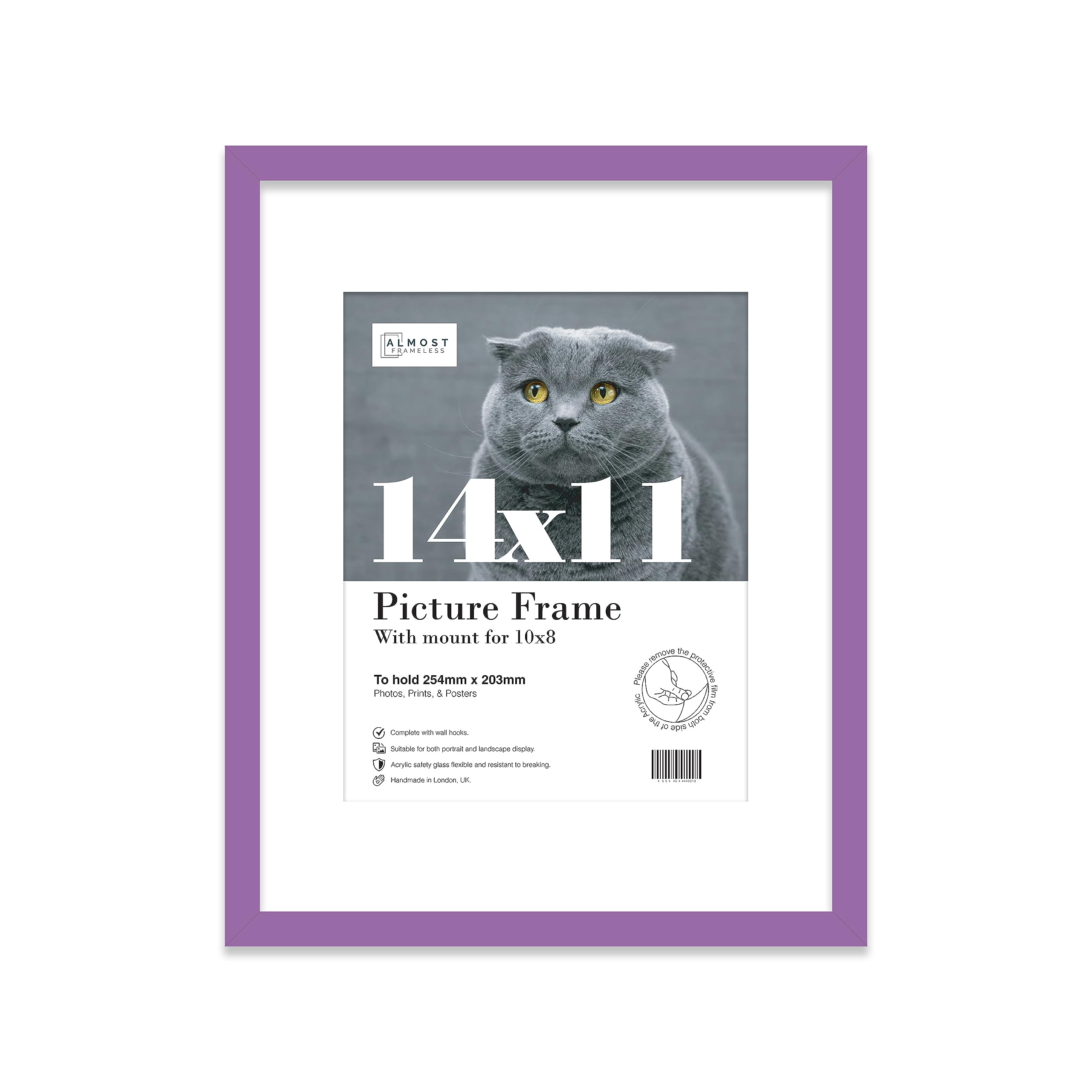 Almost Frameless 14x11 Purple Picture Frame With Mount for 10x8 Print, Poster or Photo Poster, Photo, Artwork, or Print. Thin Edge Slim Frame Portrait and Landscape Display with Wall Hooks