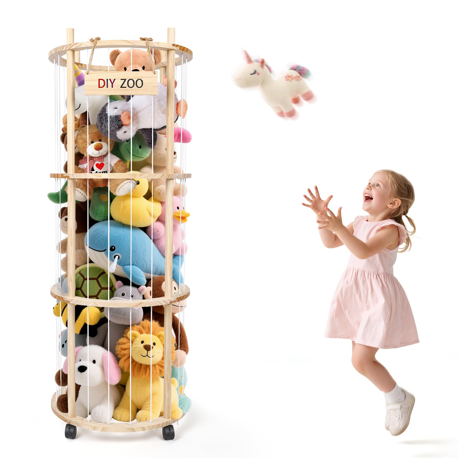 Rangement pour peluches, avec frein à 360°, roues équipées de freins à 360°, 130 x 48,2 x 30 cm, pour chambre d'enfant, salle de jeux, salon, etc. (rond)