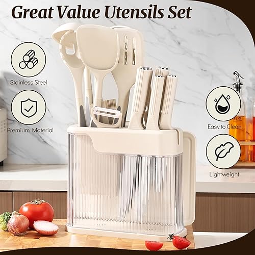 Miniatura 3 de Juego de utensilios de cocina de 17 piezas y juego de cuchillos con bloque acrílico, juego de utensilios de silicona para cocinar, juego de bloques