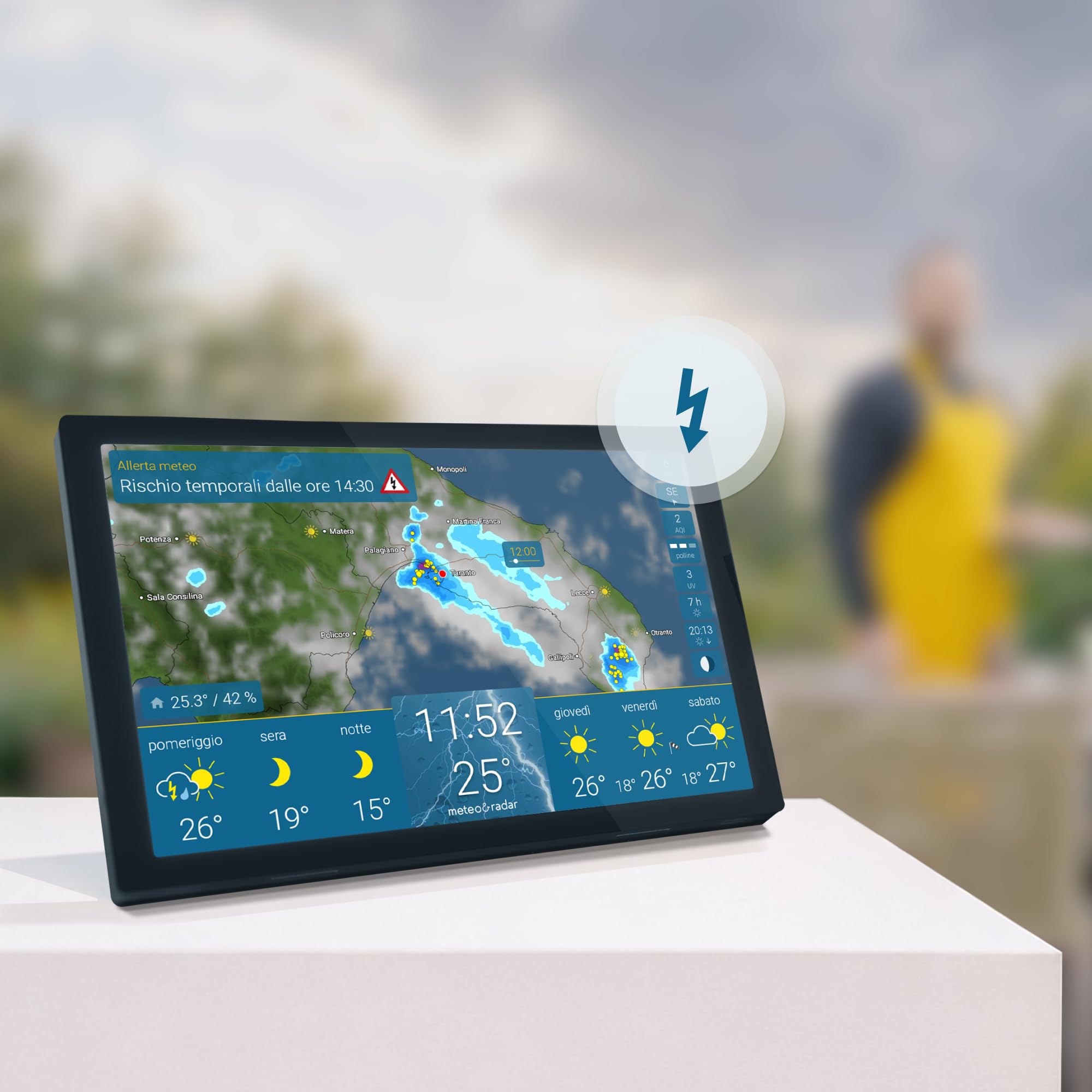 meteo & radar home 4 Display, Stazione Wi-Fi con Radar meteo: Filmato animato sul tempo su display HD+ a colori, design elegante, allerte maltempo, previsione a 14 giorni, dati meteorologici premium