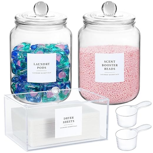 Glass Jars and Dryer Sheet Holder, Dispenser Set with Lids and Labels, Containers for Laundry Room Organization and Storage, Half Gallon Airtight Glass jars, Acrylic Storage Box for Laundry supplies,
