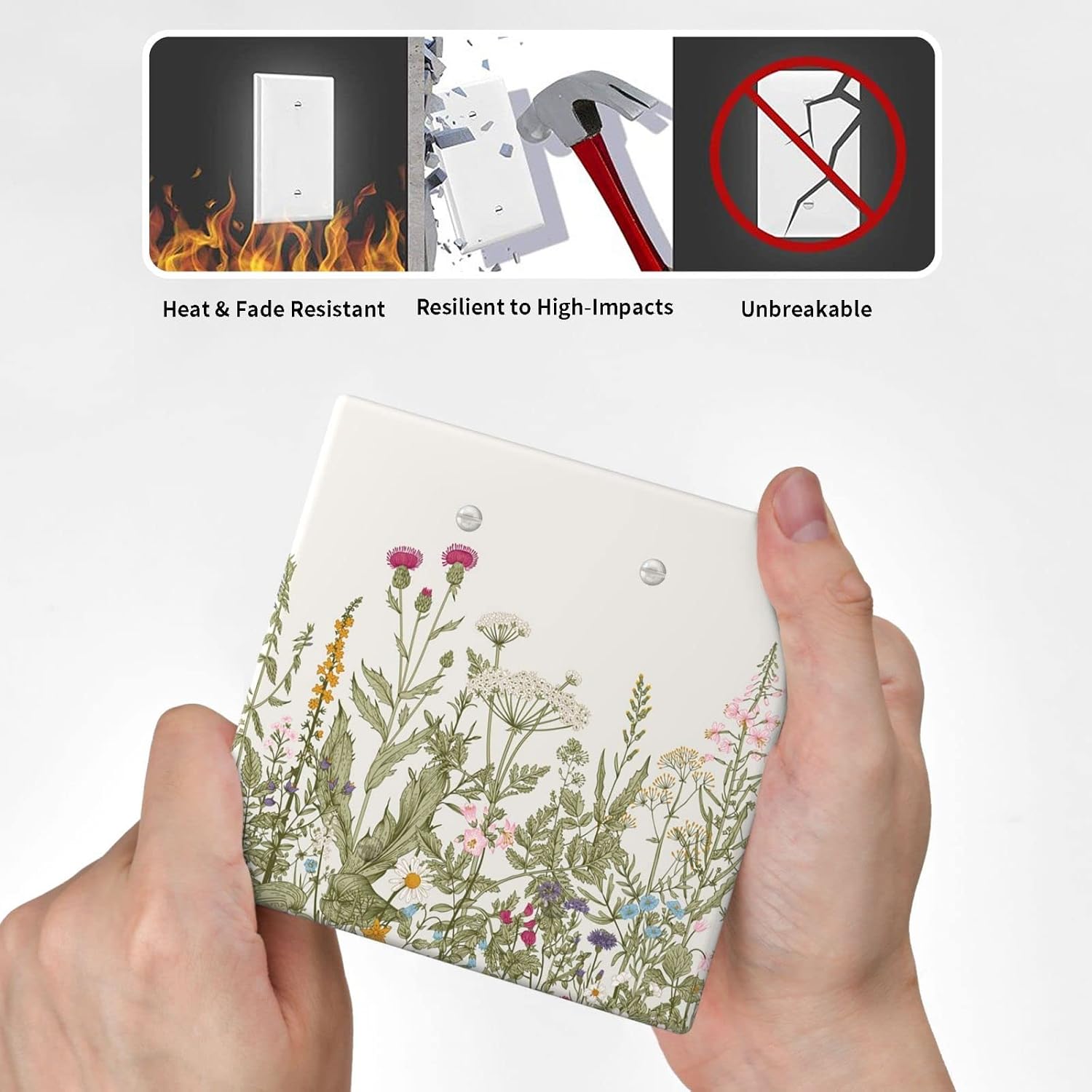Wild Flower Blank Wall Plate 2 Gang No Device Double Blank Switch Plate Outlet Covers, Vintage Floral Decorative Light Switch Cover for Wall Decor, 4.5 x 4.5 Inch
