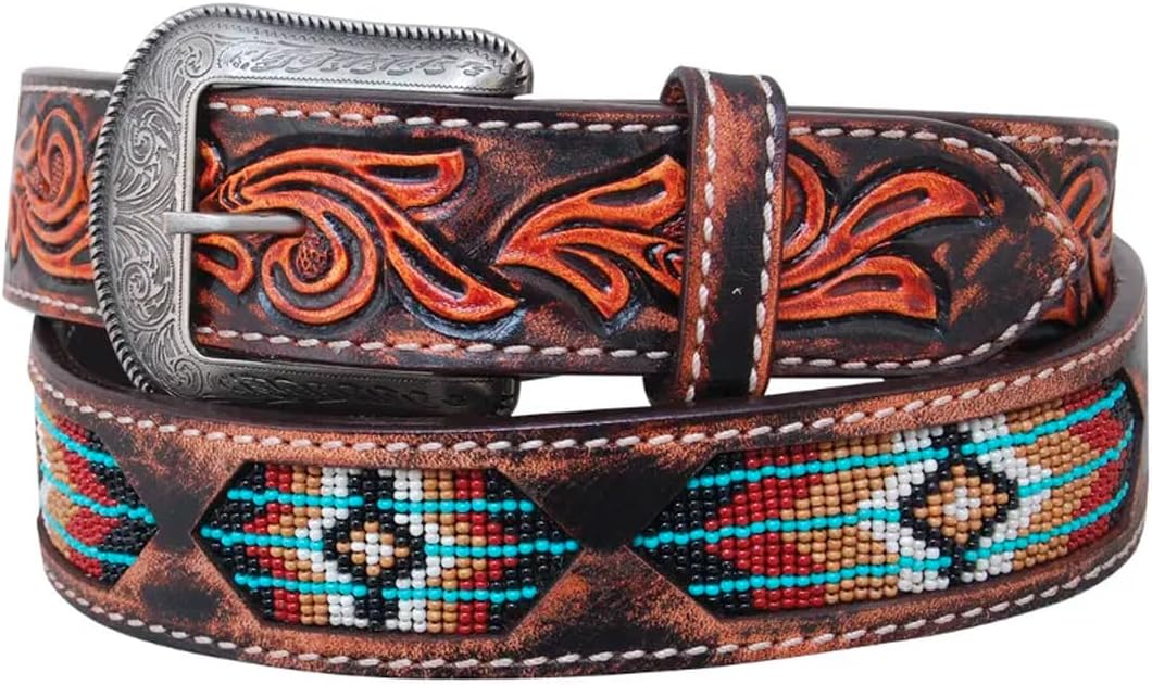 Circle Y Men' Inlay Beaded 1.5" Wide Durable Tooled Vintage Leather Casual Outdoor Cowboy Belt w/Silver Etched Buckle