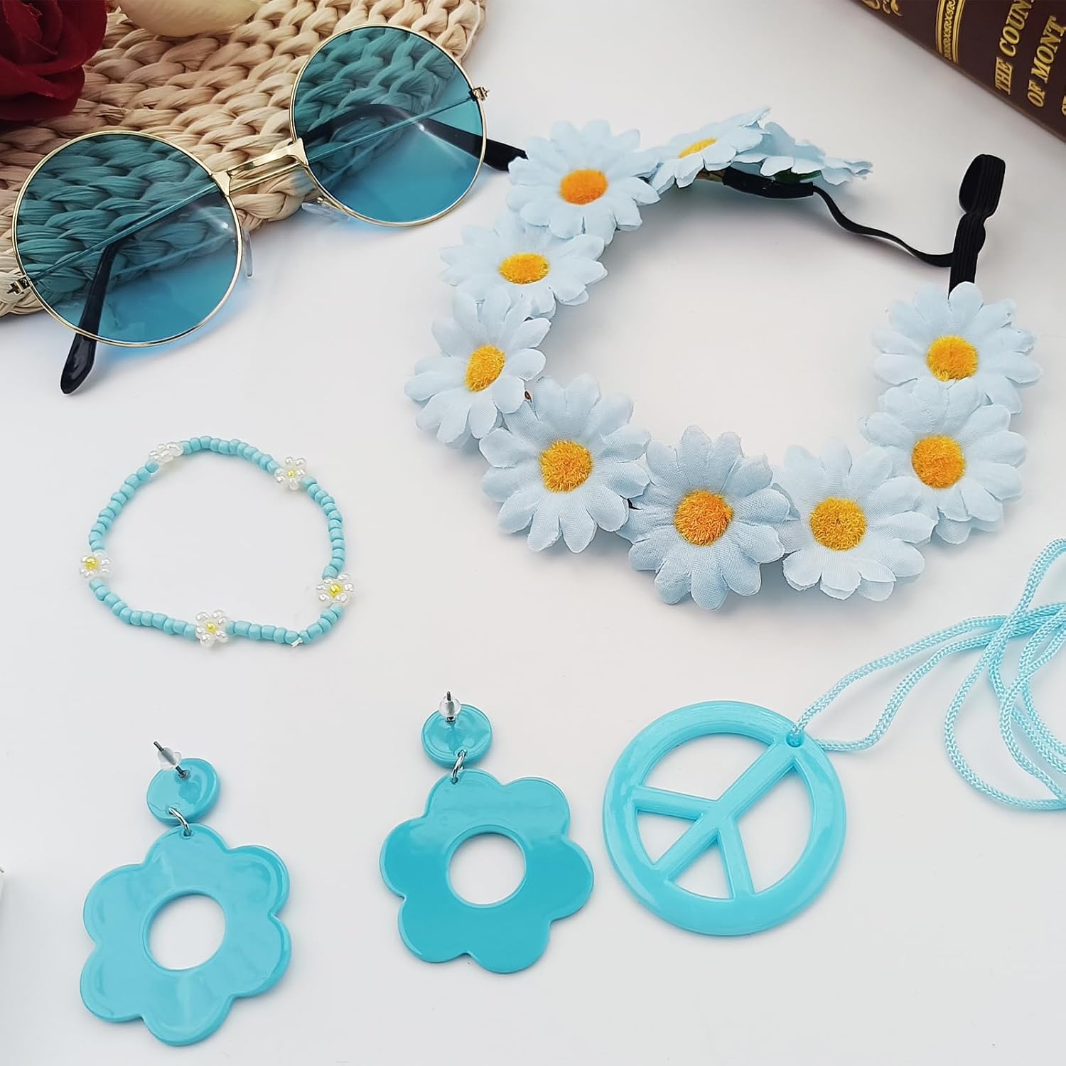 Hippie Costume Accessories Set Peace Sign Necklace Sunglasses Flower Headband Earrings for 60s 70s Outfit Party Women - Image 7