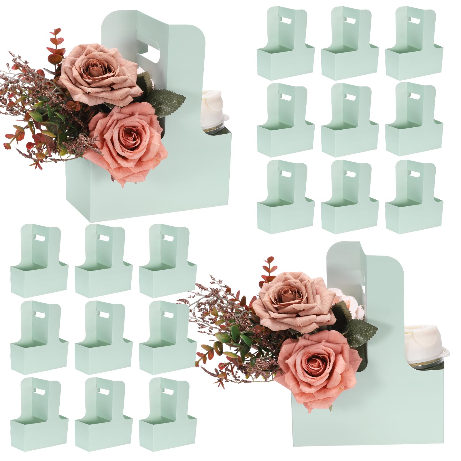 sourcing map 2 Cup Drink Carrier with Handle, 20 Pcs Kraft Paper Flower Gift Bags, Floral Wrap Packing Box, Cardboard Cup Holder Portable for Coffee Tea Bouquet Birthday Party, Fruit Green
