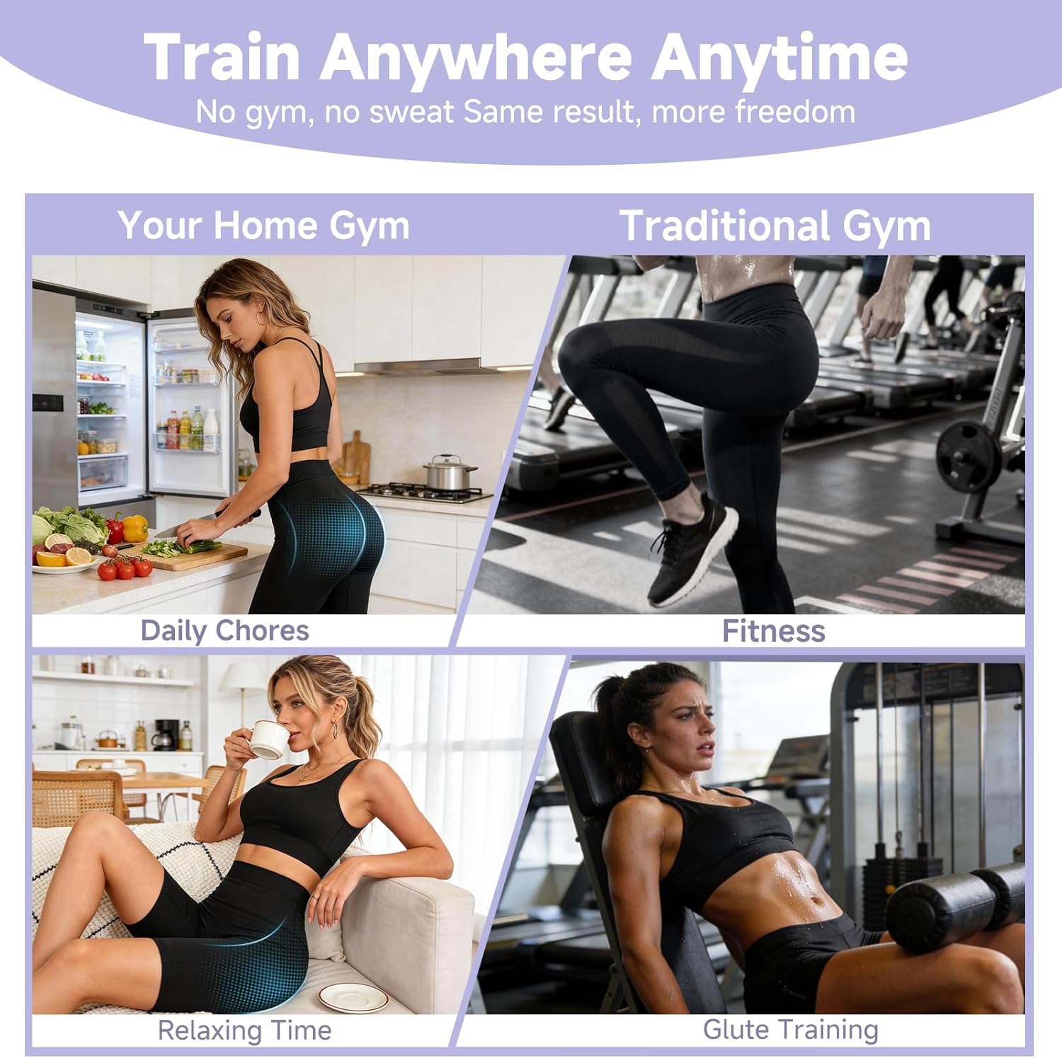 Smart Muscle Toning Shorts, No Gel Needed Butt Lifting & Body Sculpting Fitness Apparel for Women, High-Stretch Workout Gear, Fit Hips 34”-42” (110–160 lbs) Black