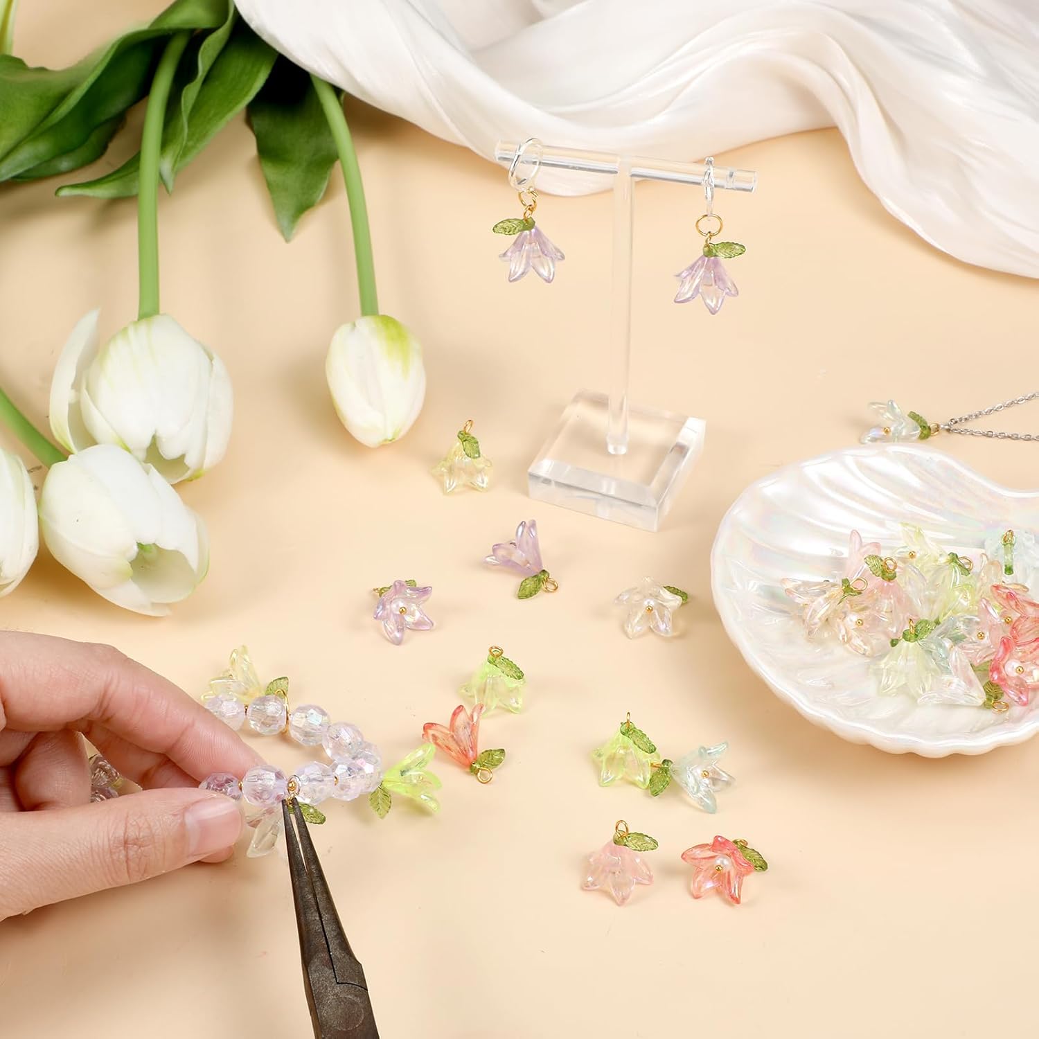 32PCS Lily Flower Charms for Jewelry Making, Multi Color Acrylic Floral Pendants, Plastic Dangle Flower Charms with Hanging Rings for Jewelry Making Necklace Bracelet Earring DIY Crafts Supplies - Image 5