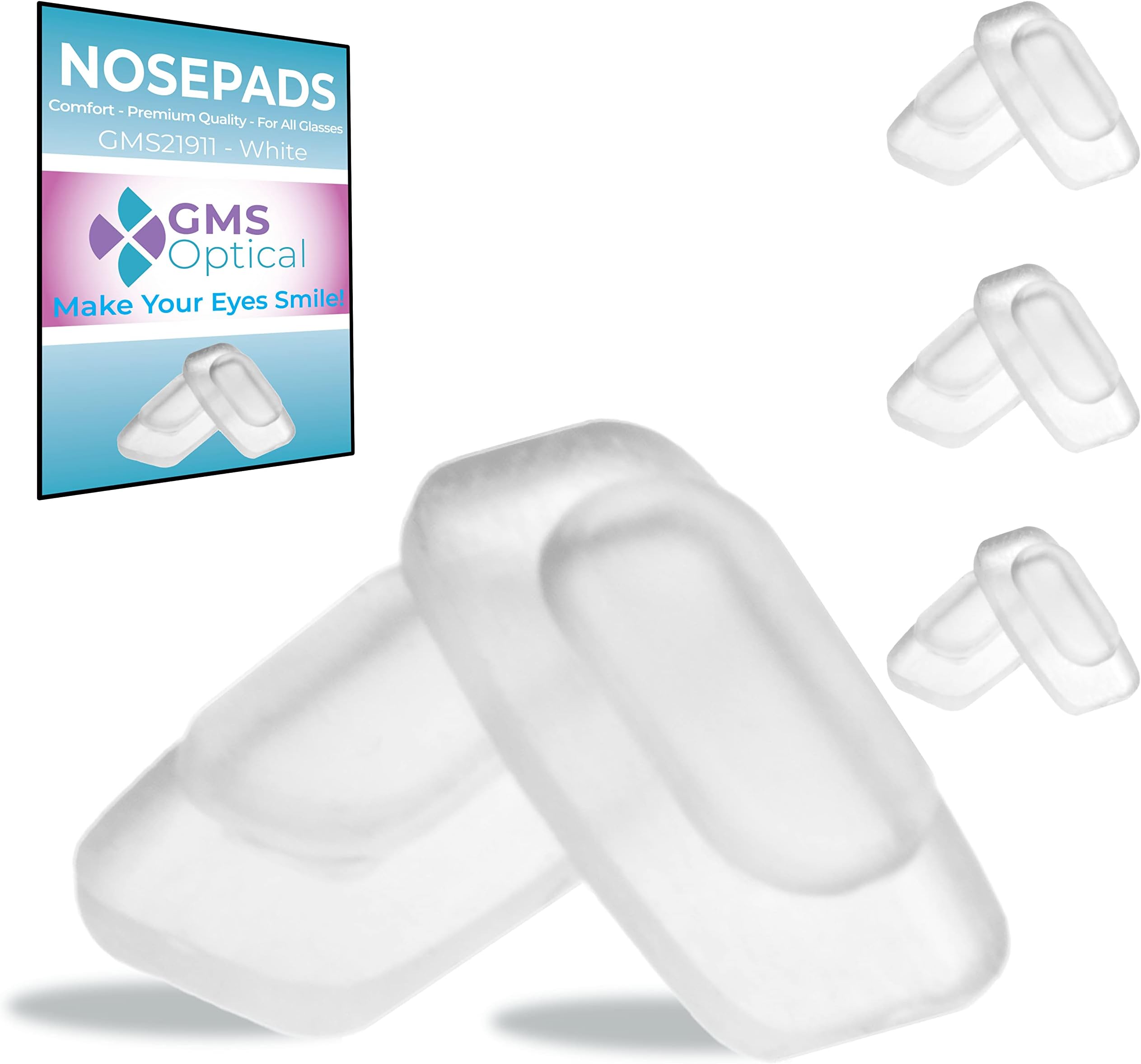 GMS Optical Soft Silicone Rectangle Shaped Slide/Push-in Nose Pads for Glasses, Sunglasses, and Eye Wear - 11mm (3 Pair, White)