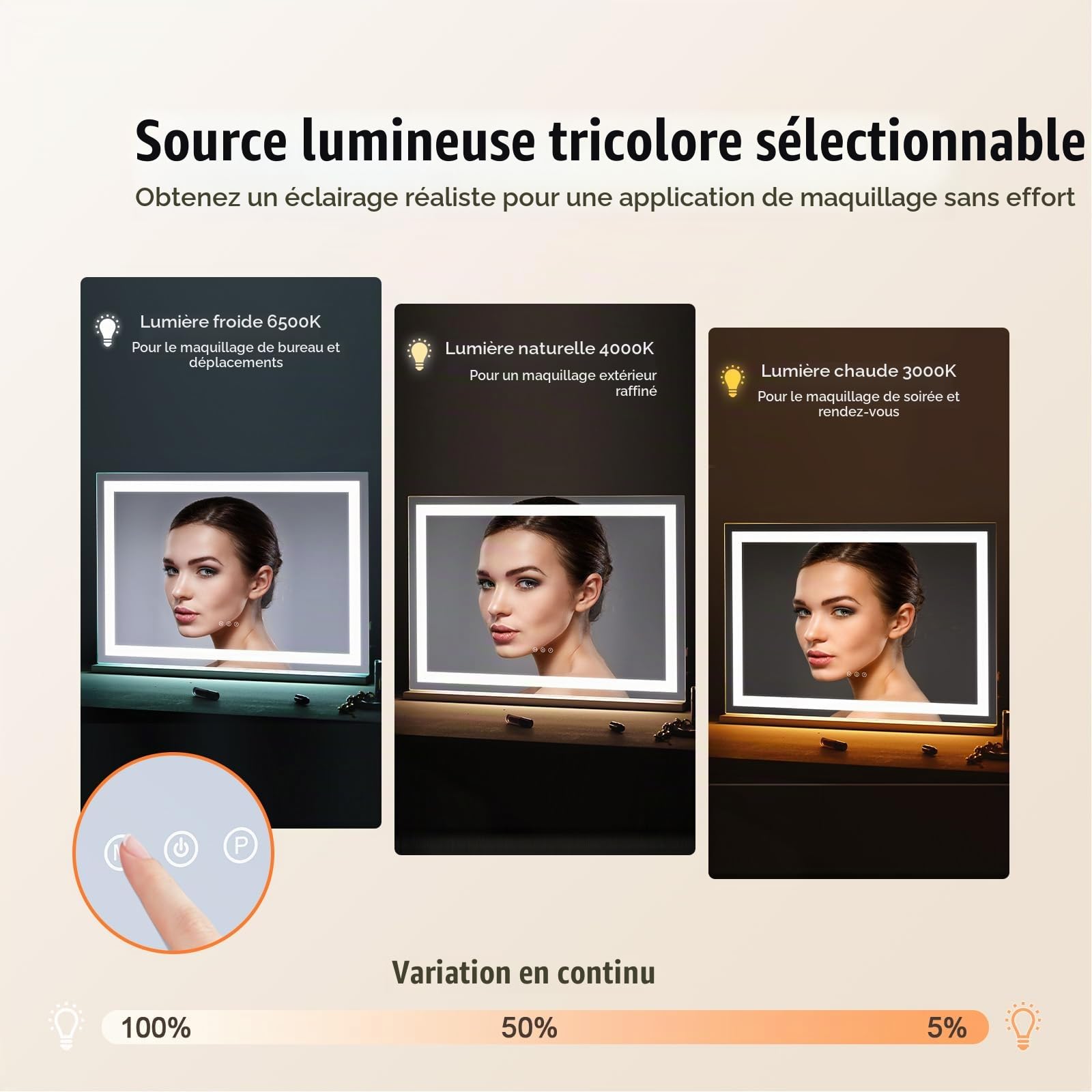 VEVOR Miroir de Maquillage Lumineux, 3 Modes Éclairage de Couleur, Grand Miroir Cosmétique Studio Lumière LED, Miroir Grossissant 5X, Port USB, Contrôle Tactile Intelligent, avec Support, 797x547 mm