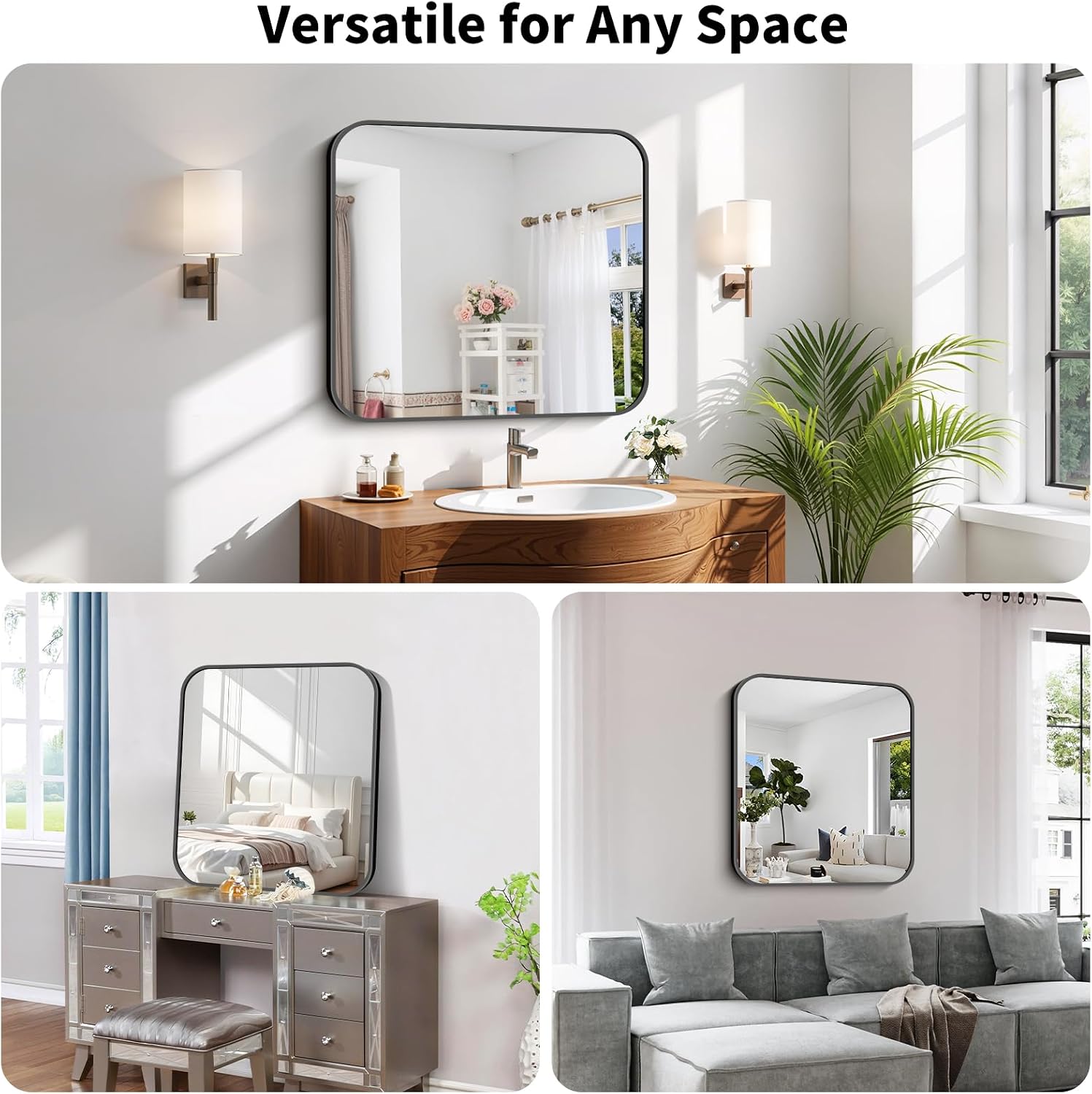 Koonmi Black Framed Bathroom Mirror - 28x32 Inch Shatterproof Tempered Glass Vanity Mirror for Bathroom Sink, Wall Mounted with Matte Aluminum Alloy Frame, No Distortion, Modern Decor