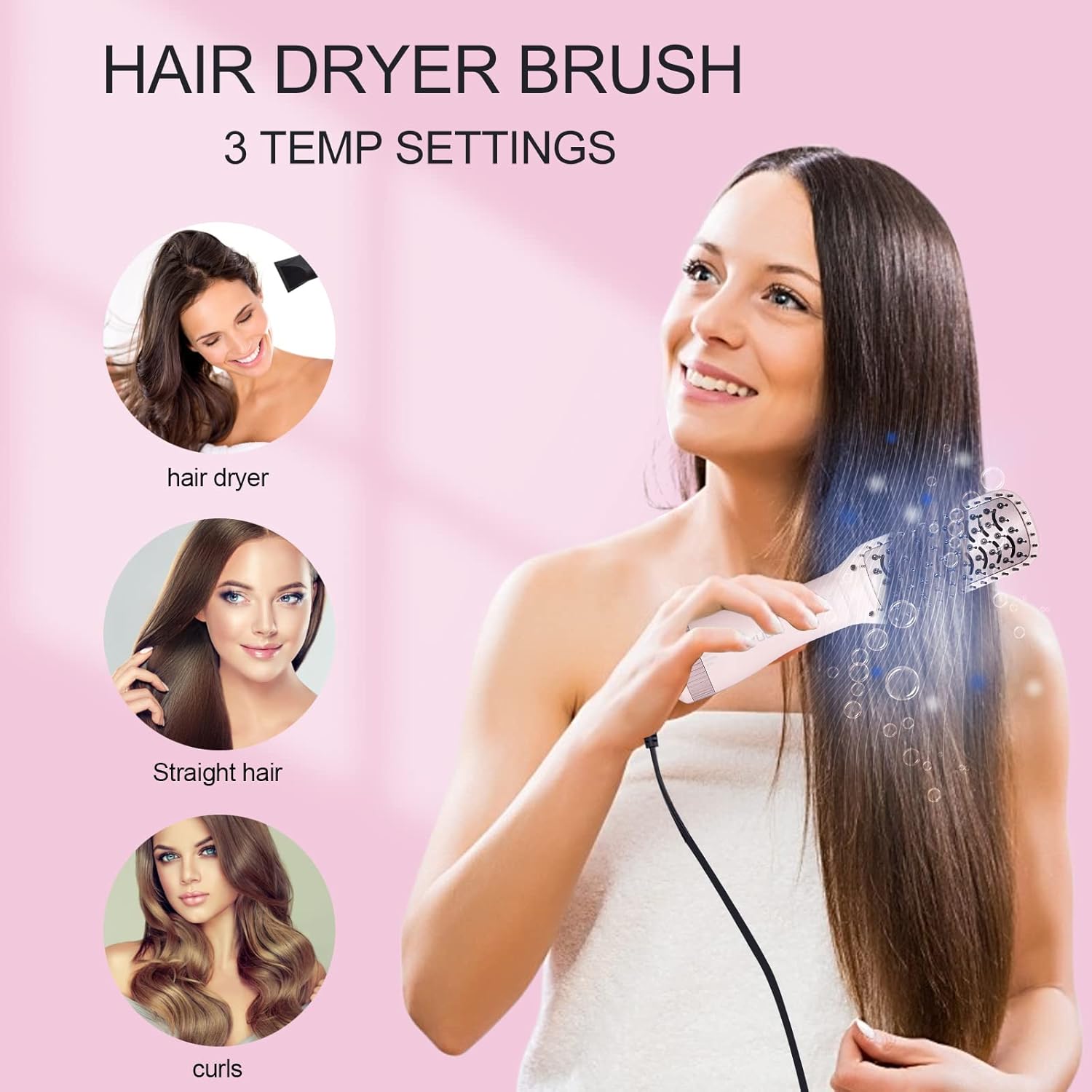 DAN Technology Hair Dryer, Negative Ion 3 in 1 Paddle Brush Dryer & Styler, Pink, 600W, for Damaged Hair, with 2 Speeds, 3 Heating Settings, Nylon Material, ALCI Safety Plug, [IN] Hair Care or Beauty