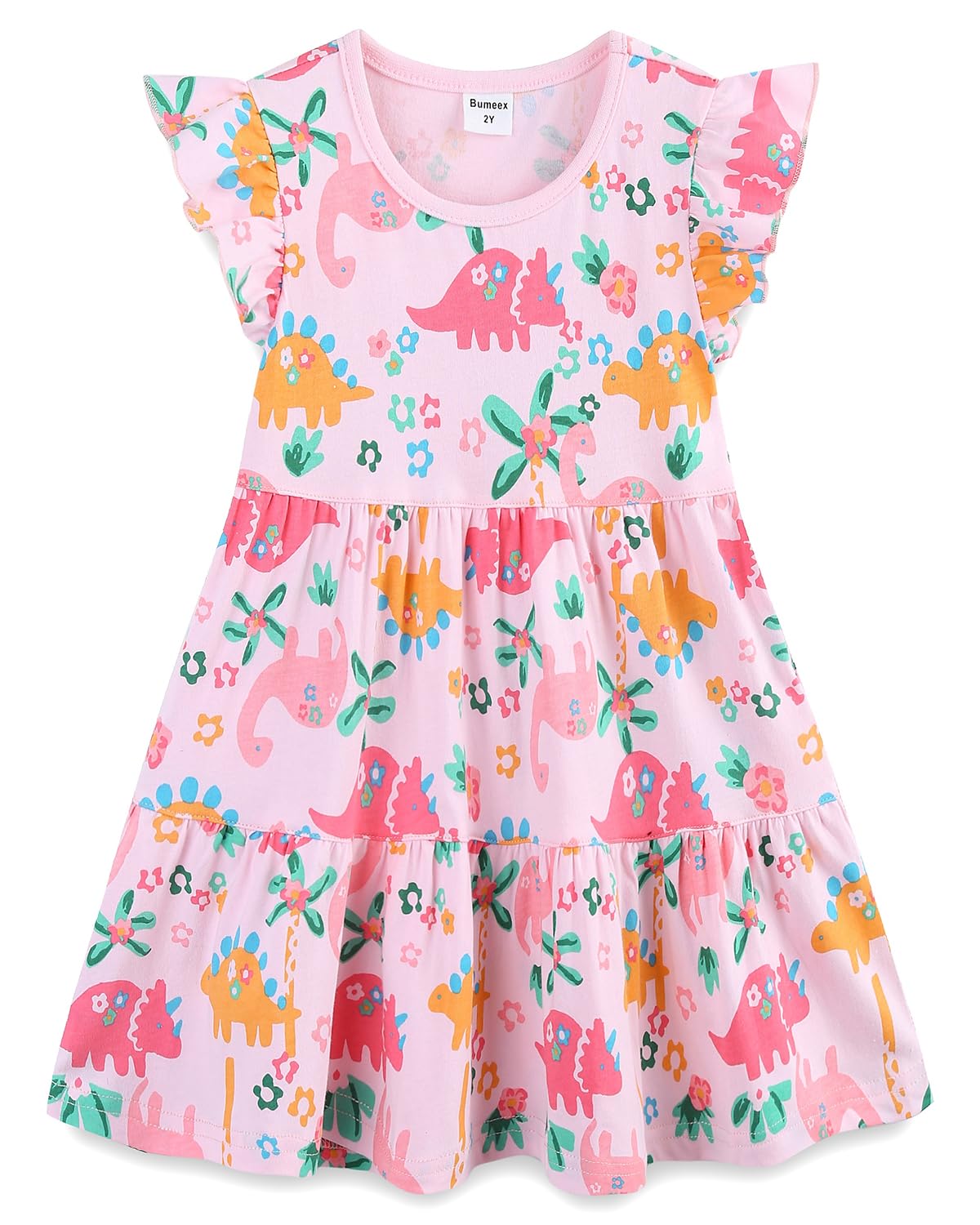 Bumeex Girl's Dresses Cotton Ruffle Sleeve Tiered Swing A-Line Cute Midi Casual Sundress