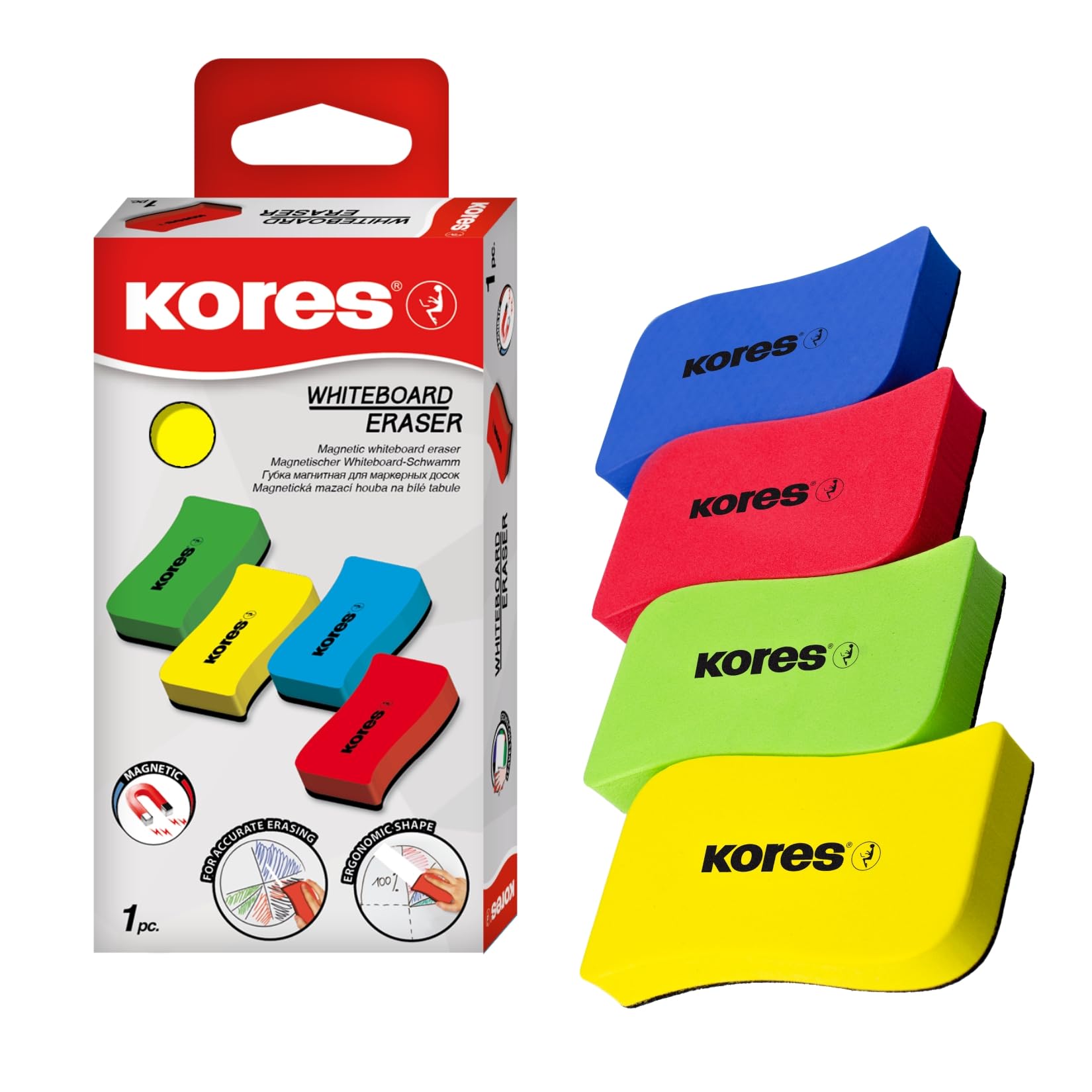 Kores Magnetic Whiteboard Eraser - Lightweight Ergonomic Dry Wipe Eraser for Office and Classroom Whiteboards, Magnetic Attachment, Random Colours, 110 x 55 mm, Pack of 1