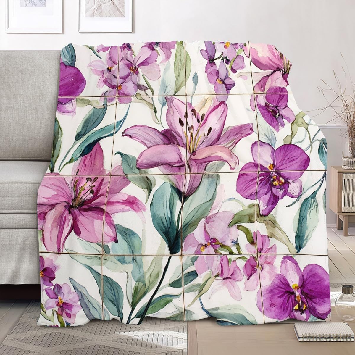 Personalisierte Decke mit Foto 150x200 cm Sherpa Decke Aquarellmalerei Von Blumen Und Lilien Warme Dicke Kuscheldecke Flauschig Lila Sofadecke Couchdecke Winterdecke, Wohndecke Wohn- & Kuscheldecken