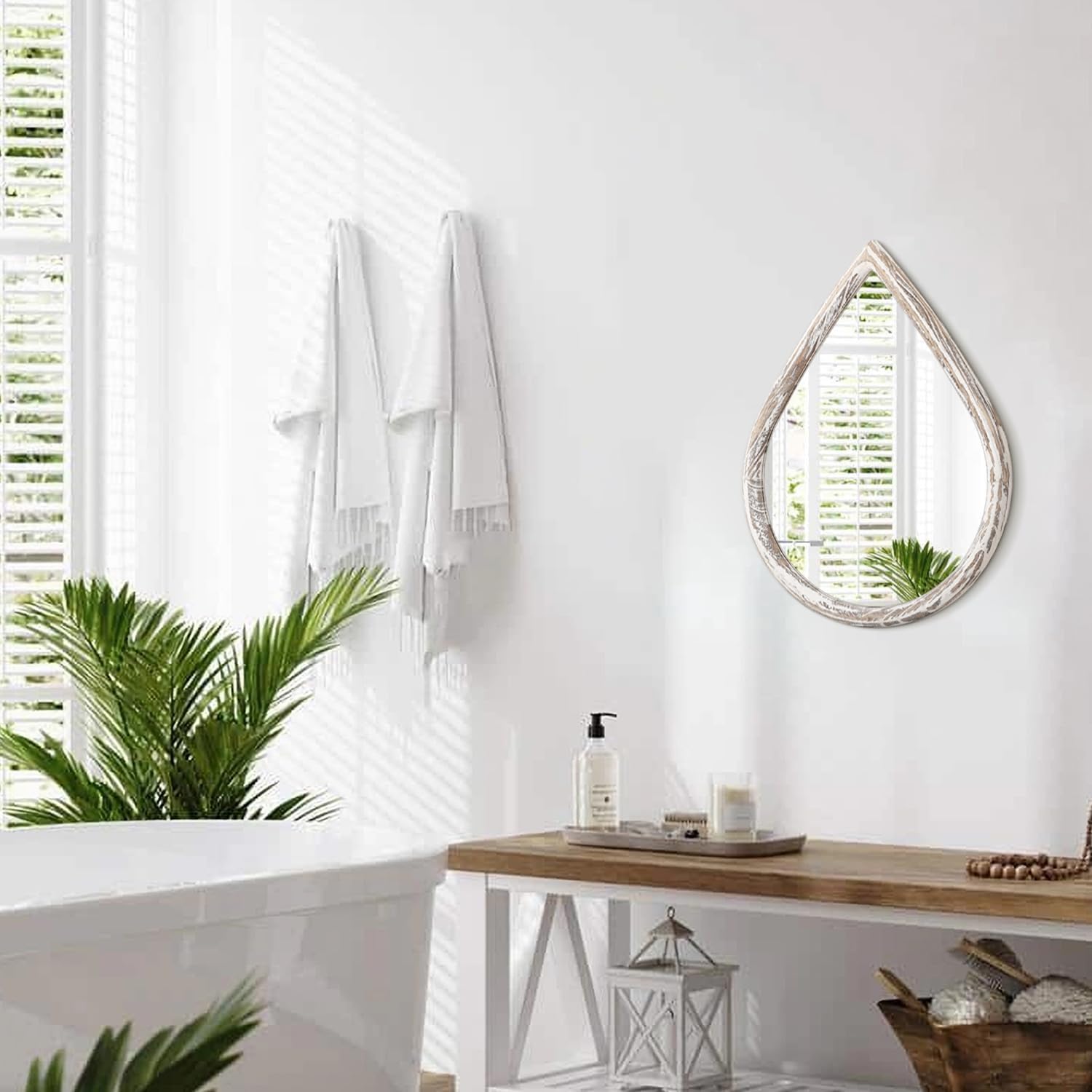 Small Teardrop Mirror Rustic White Wood Frame Mirror Farmhouse Hanging Mirror for Wall, Bathroom, Living Room, Entryway, Hallway