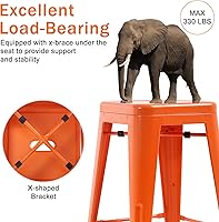 Vista 2 de Juego de 4 taburetes de bar de metal, apilables, altura de mostrador, 24 pulgadas, para interiores y exteriores, taburete de bar sin espalda, Naranja