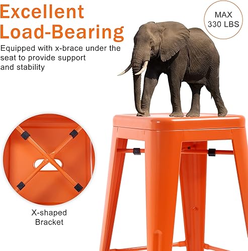 Miniatura 2 de Juego de 4 taburetes de bar de metal, apilables, altura de mostrador, 24 pulgadas, para interiores y exteriores, taburete de bar sin espalda, Naranja