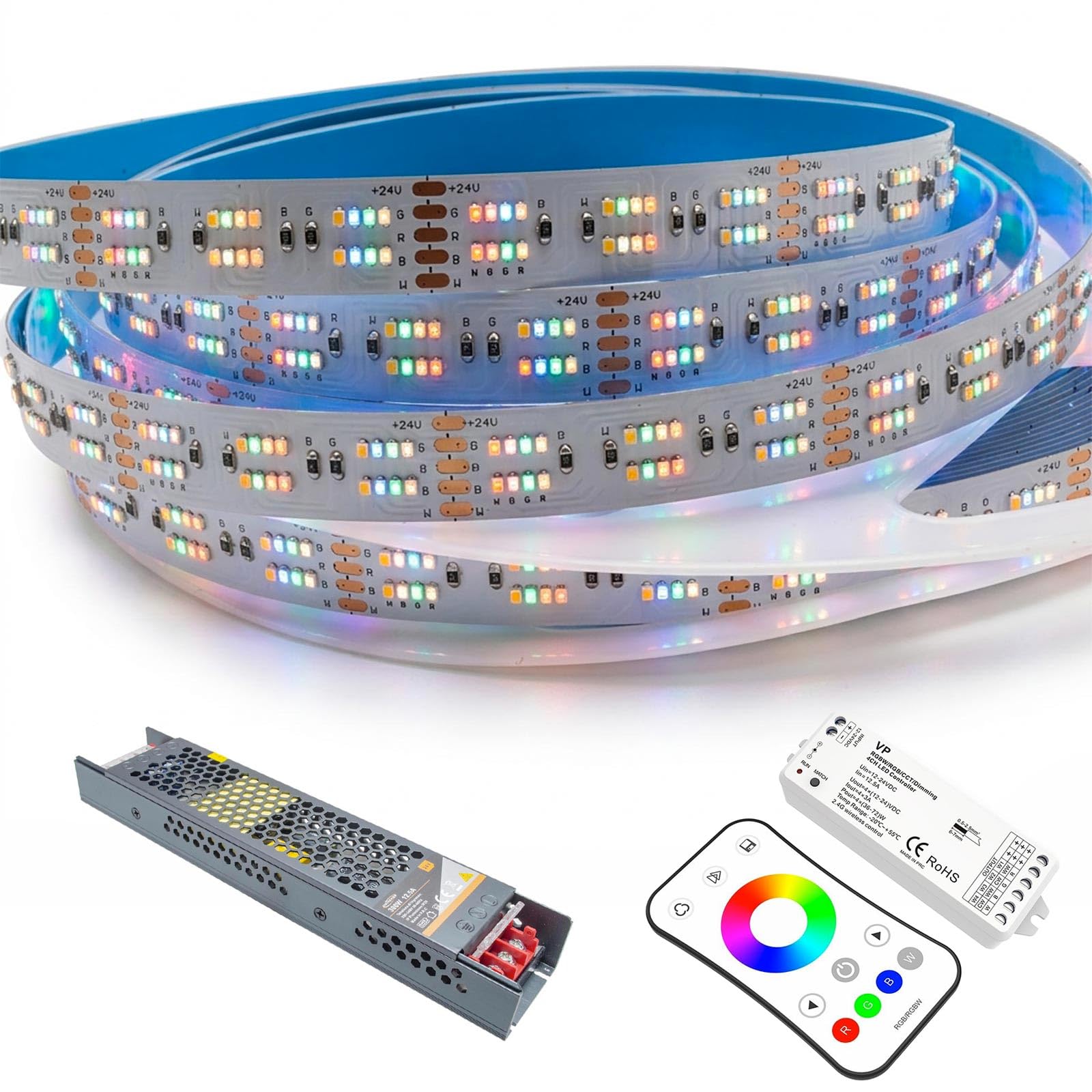 KIT Professionale Striscia Micro LED 1612 RGB Multicolore RGBW Luce 4200K 24V 576 LED/m 210W Illuminazione Interni, Bar, Locali, Pub, Completa di Centralina con Telecomando e Alimentatore 10 metri