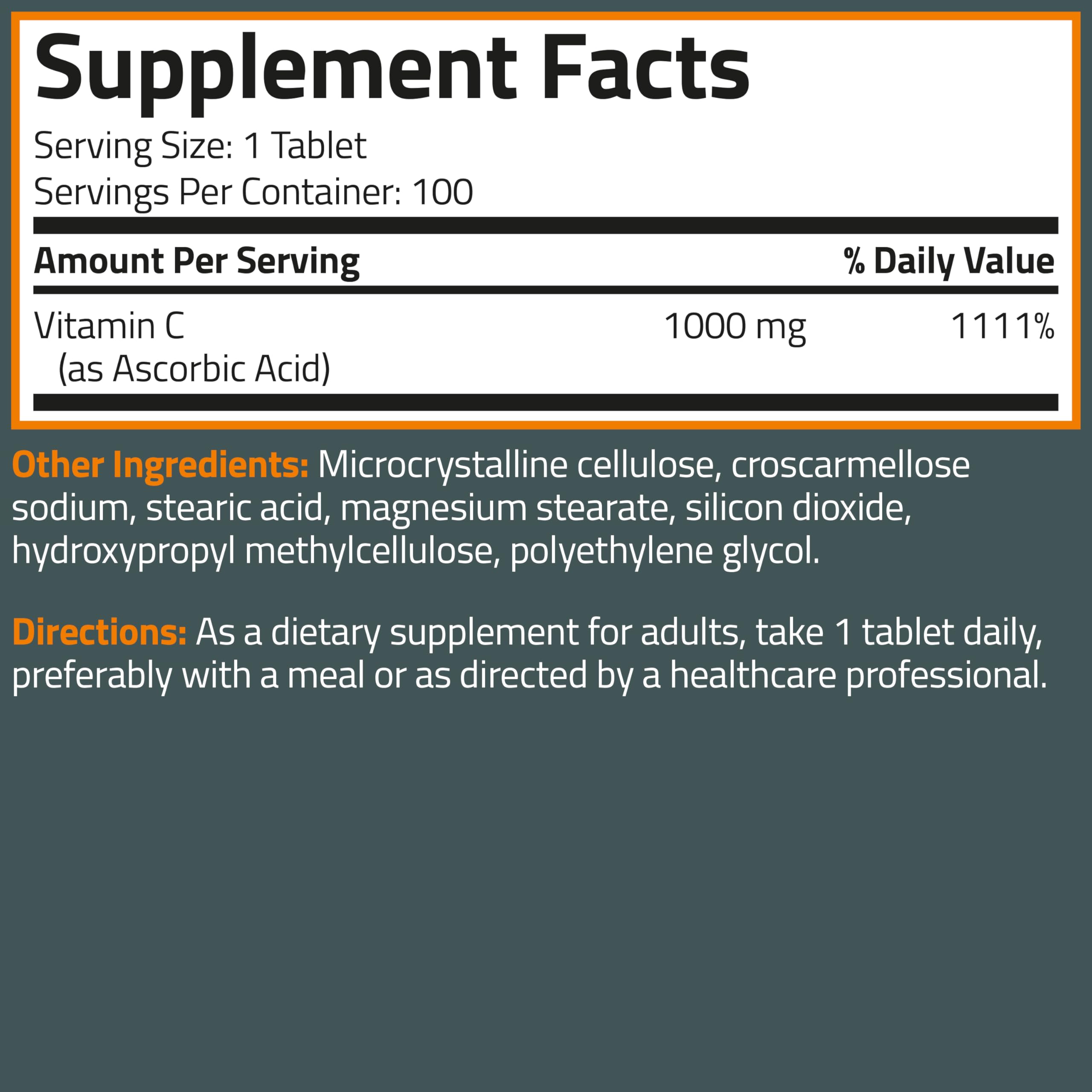 Bronson Vitamin C 1000 mg as Ascorbic Acid, 100 Vegetarian Tablets — Amazon image 8
