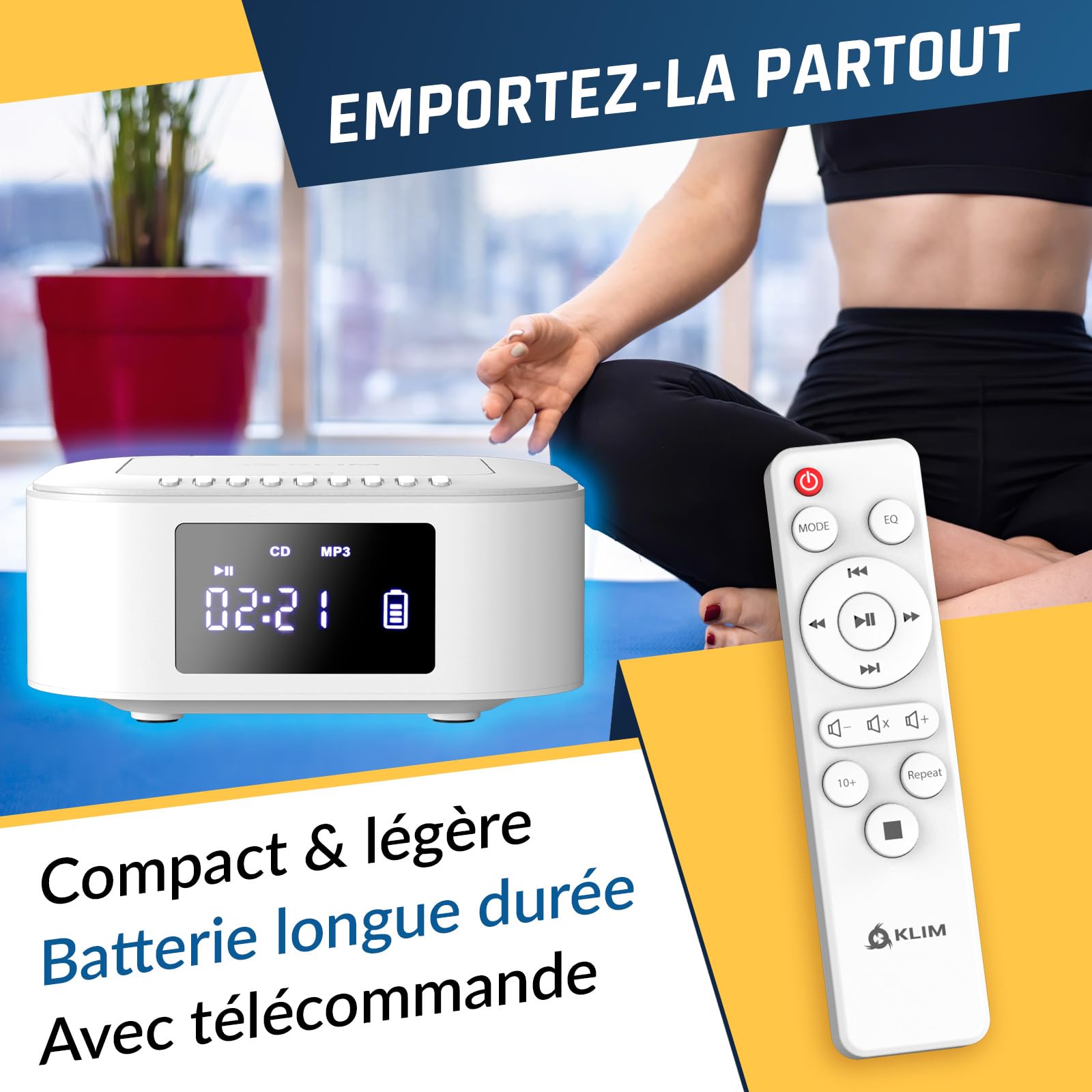 KLIM Boombox E1 - Poste Radio CD Portable - Extra Bass avec Subwoofer - Radio FM, CD, Bluetooth, USB, Bluetooth, MP3 - Mode Filaire et sans Fil avec Piles Rechargeables - Télécommande - Blanc