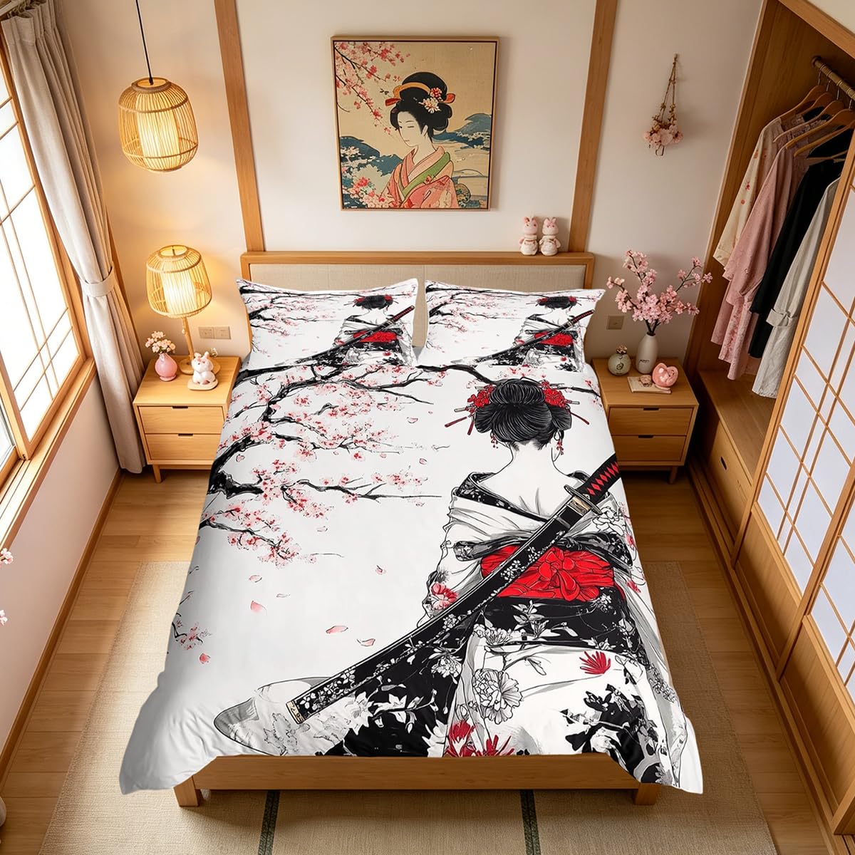 Loussiesd Japan Geisha Duvet Cover Set Double Size For Kids Boys Girls Teens Japanese Style Bedding Set Cherry Blossoms Comforter Cover with 2 Pillowcases — image 1
