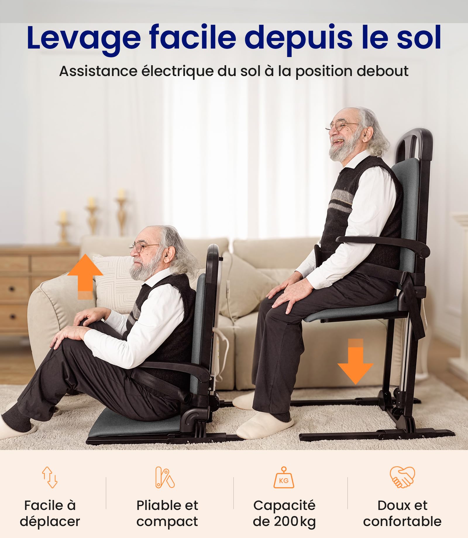 VOCIC AX15 Fauteuil releveur électrique 200 kg, Robuste et Pliable | Senior autonomie maison, aide relevage chute, transfert lit fauteuil roulant, cadre acier mousse mémoire cuir orange