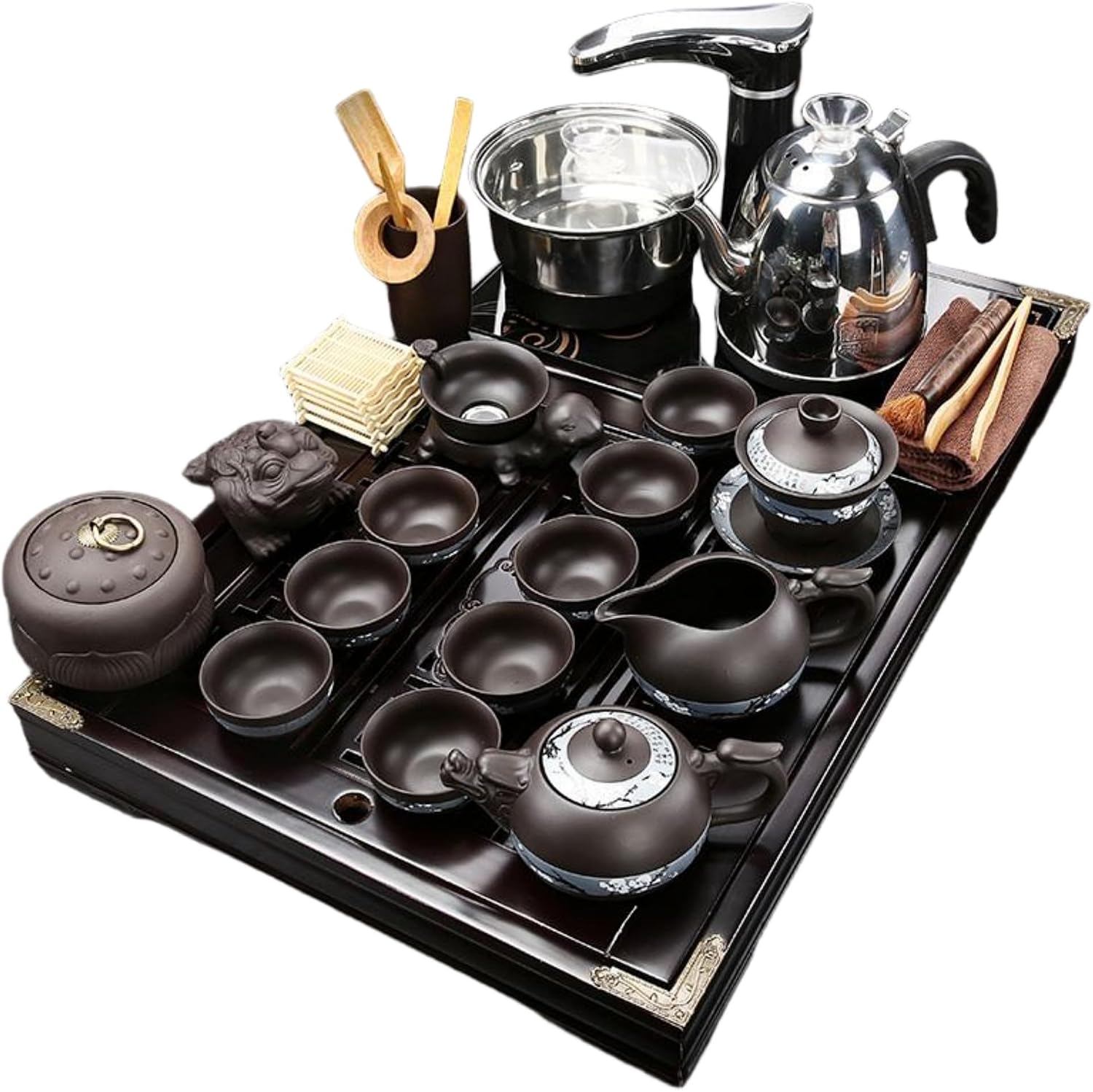 MOYEE 茶具套装家用小号 Solid Wood Tea Tray 实木茶盘 Chinese Gongfu Tea Tray Fully Automatic Tea Set,全自动一体茶台排水式托盘整套茶海简约 A2074