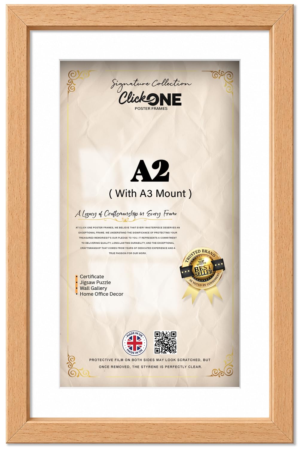 Click One Elegant A2 41.90 X 59.40 Cm Refined Art Presentation Poster With A3 29.70 X 41.90 Cm White Mount Solid Engineered Wood Finish 23 X 16 Inch For Portrait And Landscape Beech