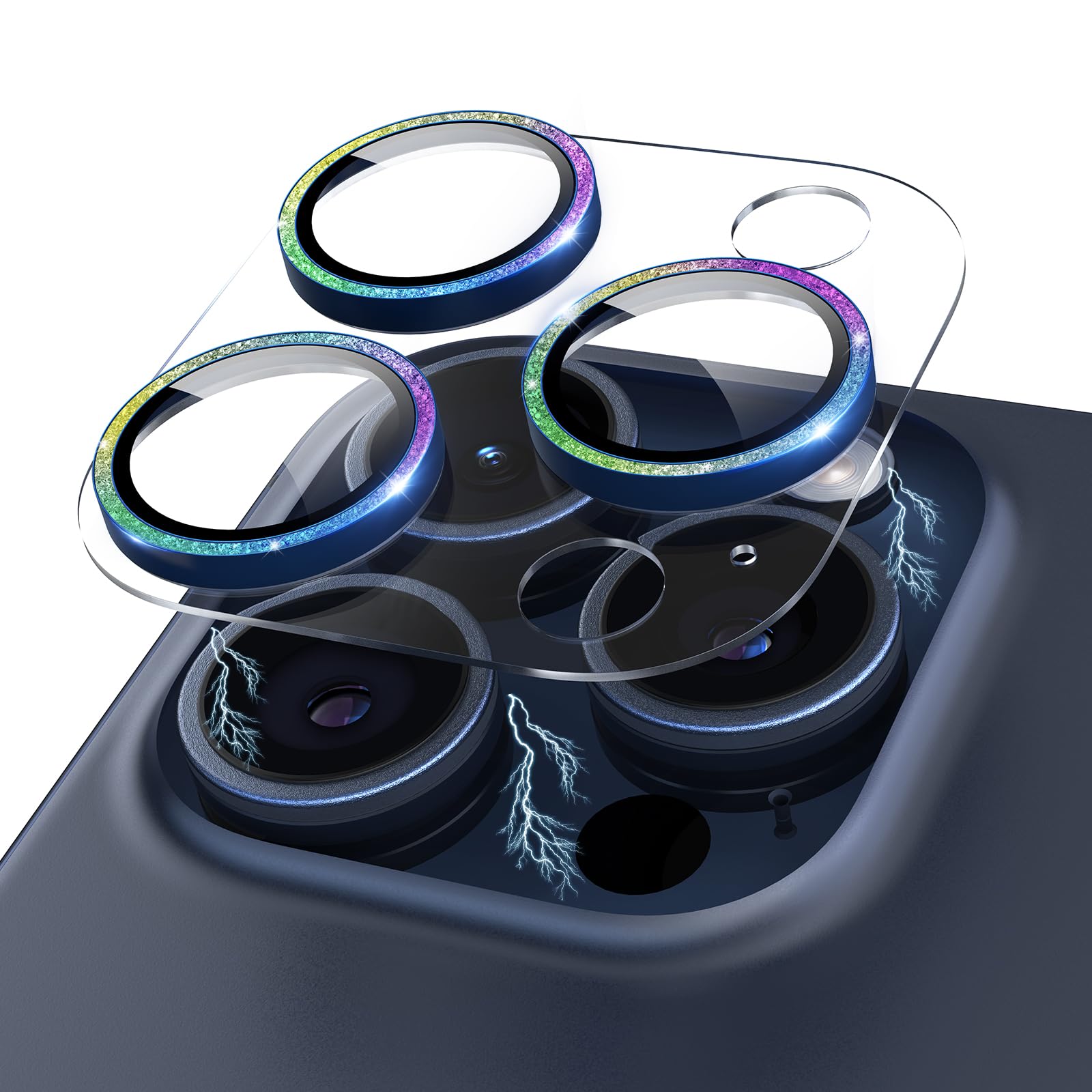 Tamoria Compatible for iPhone 15 Pro/iPhone 15 Pro Max Camera Lens Protector Tempered Glass Screen Clear, Anti-Explosion Metal Ring Camera Cover for iPhone 15 Pro Max/ 15 Pro Glitter Colorful