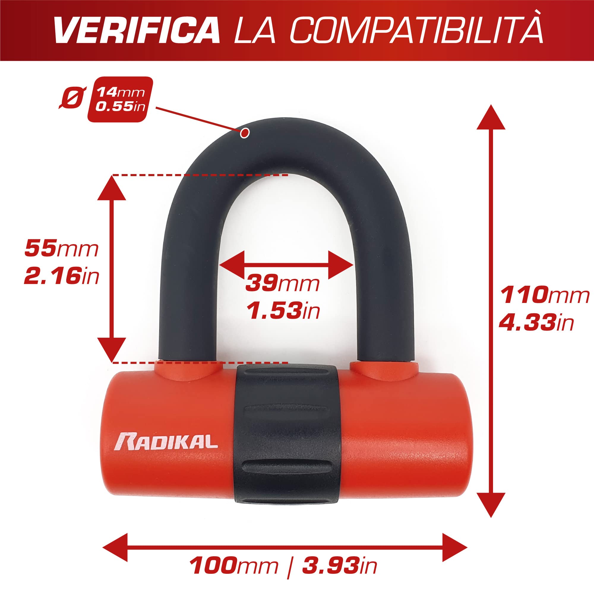 RADIKAL RK72 Lucchetto Antifurto Moto Mini U, Doppia Sicurezza e Doppia Funzione per Disco o Catena, Archetto 14mm e Serratura ad Alta Sicurezza, Cavo Promemoria, Bloccadisco per Moto, Scooter e Bici