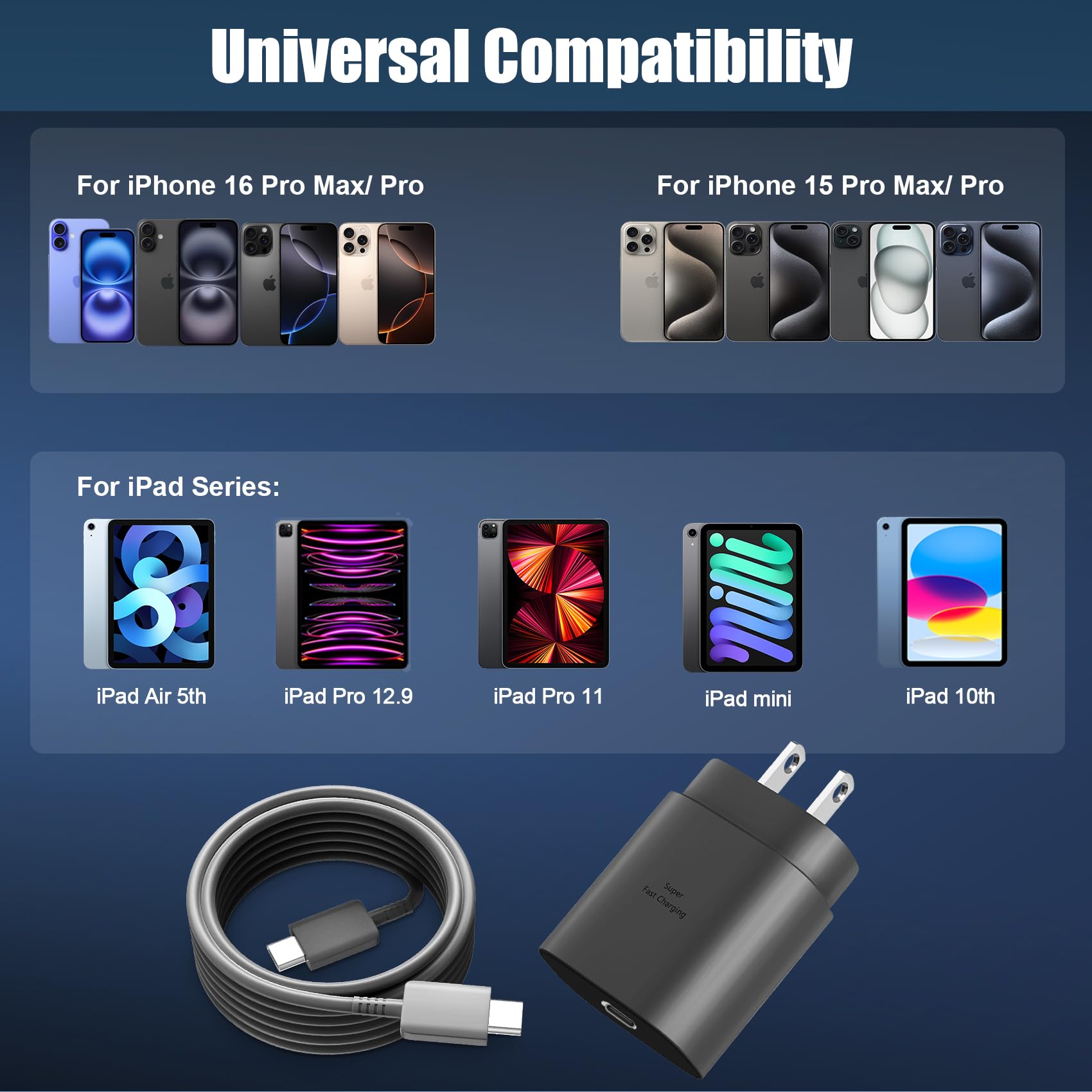 2-Pack 30W USB-C Fast Charger & Data Sync Cable For IPhone 16/15, IPad – 3FT/6FT, Gray