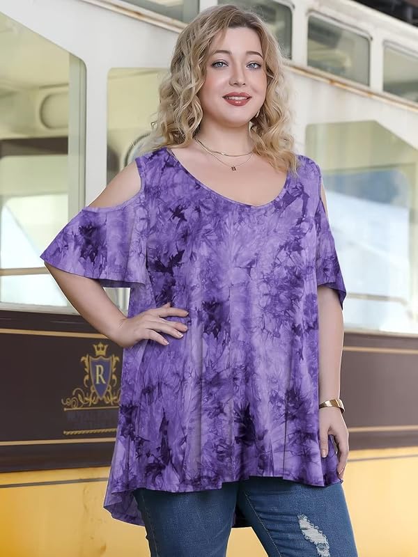 LARACE Plus Size Tunic Tops For Women V neck Short Sleeve Floral Shirts Cold Shoulder Loose Summer Boho Blouse(B-Purple_Tie Dye,4X) by LARACE - Used condition - Image 4
