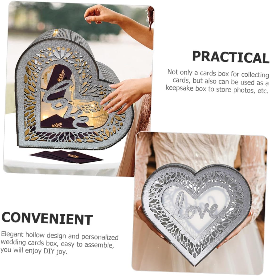 Beavorty Wooden Heart-shaped Greeting Card Box with Glitter Hollow Design, Wedding and Birthday Card Storage Container, Envelope Money Holder for Party and Anniversary
