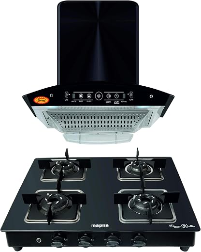 Maplin Combo of Eco Touch 60cm Glass Kitchen Chimney in 60cm & 4 Burner Cooktop Black