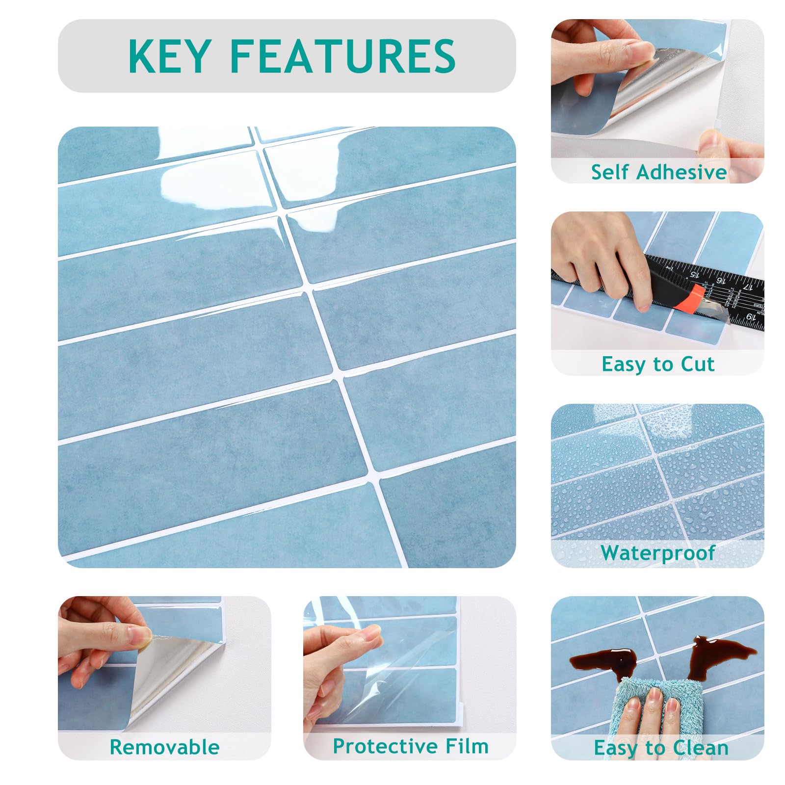 VEELIKE Azulejos Adhesivos Cocina Azules 3D Baldosas Adhesivas Pared Trasera Cocina Vinilos Baño Azulejos Papel Adhesivo para Baldosas Vinilo Cocina Pared Azulejos Impermeable 30.5cm×30.5cm 6 Piezas